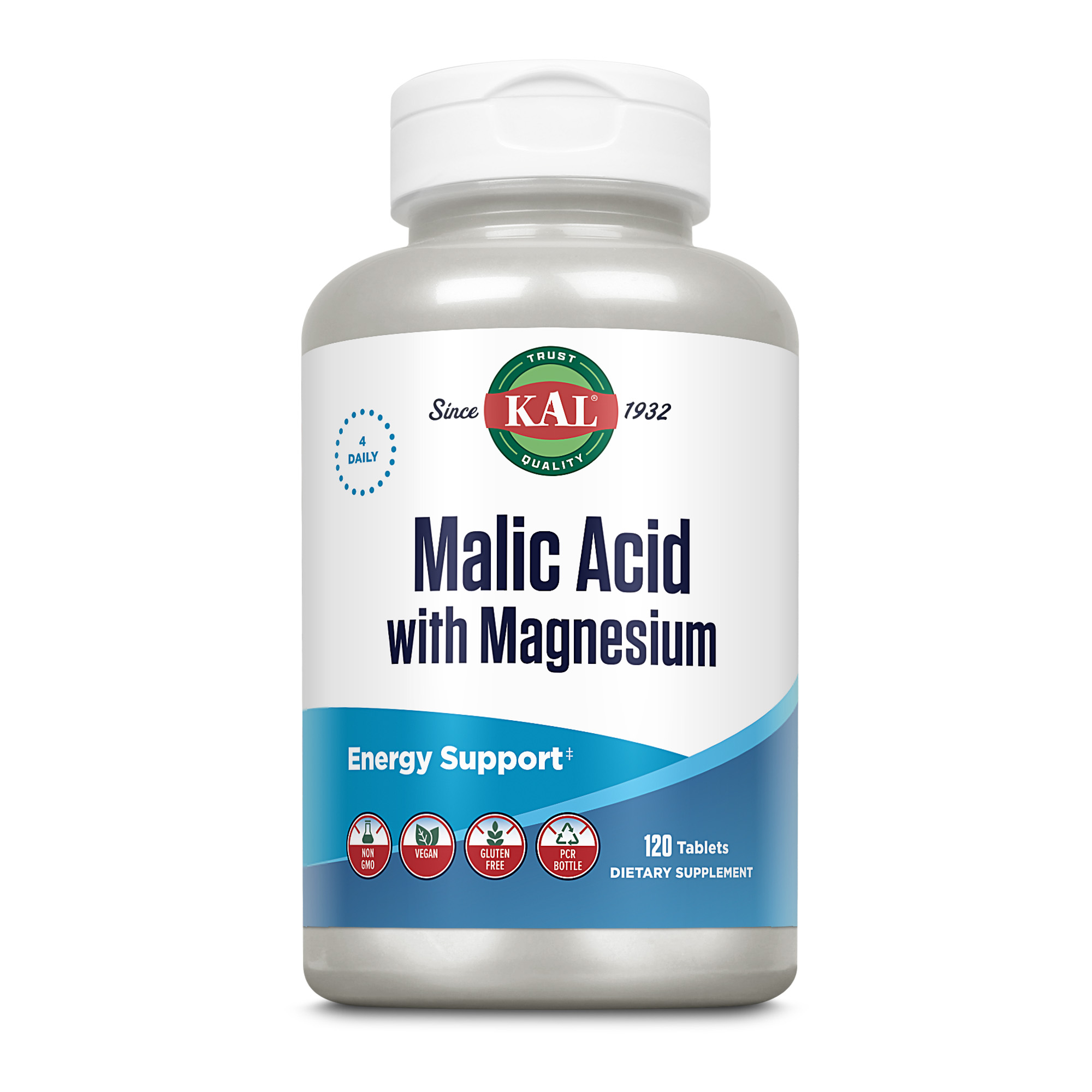 Produktfoto: Flasche mit Nahrungsergänzungsmittel 'Malic Acid with Magnesium' von KAL, 120 Tabletten. Unterstützt Energie, vegan, glutenfrei.