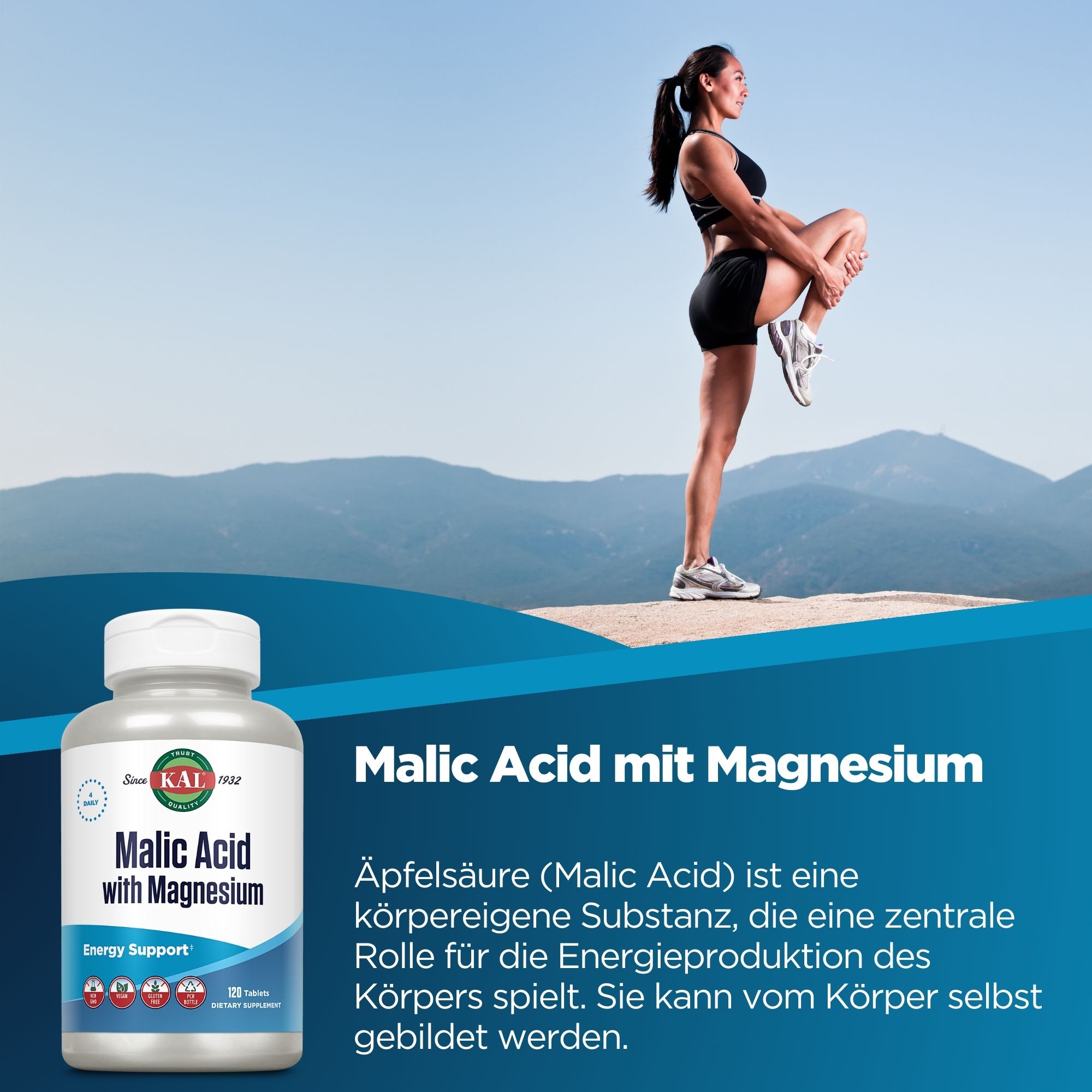 Produktfoto: Flasche mit Nahrungsergänzungsmittel 'Malic Acid with Magnesium' von KAL, 120 Tabletten. Unterstützt Energie, vegan, glutenfrei.