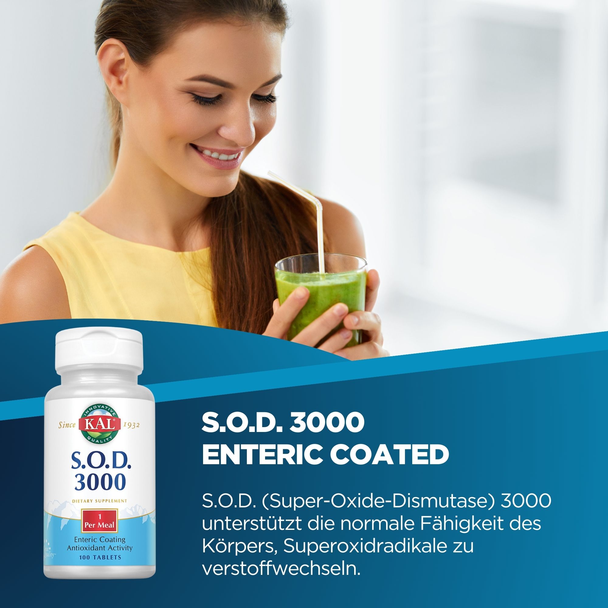 Produktfoto: Weiße Flasche mit KAL-Logo, S.O.D. 3000, 400 mg, 100 Tabletten, antioxidative Wirkung, magensaftresistent, Nahrungsergänzungsmittel.