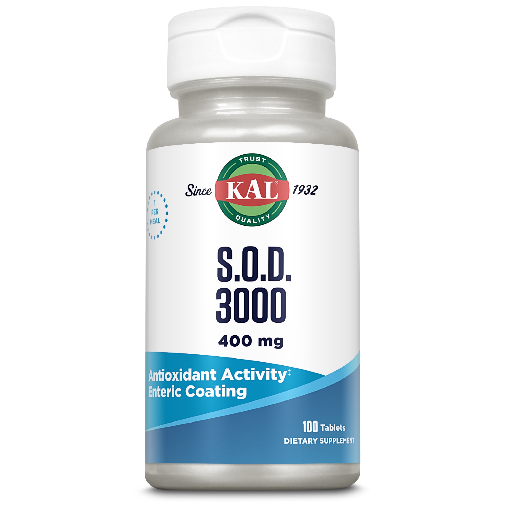 Produktfoto: Weiße Flasche mit KAL-Logo, S.O.D. 3000, 400 mg, 100 Tabletten, antioxidative Wirkung, magensaftresistent, Nahrungsergänzungsmittel.