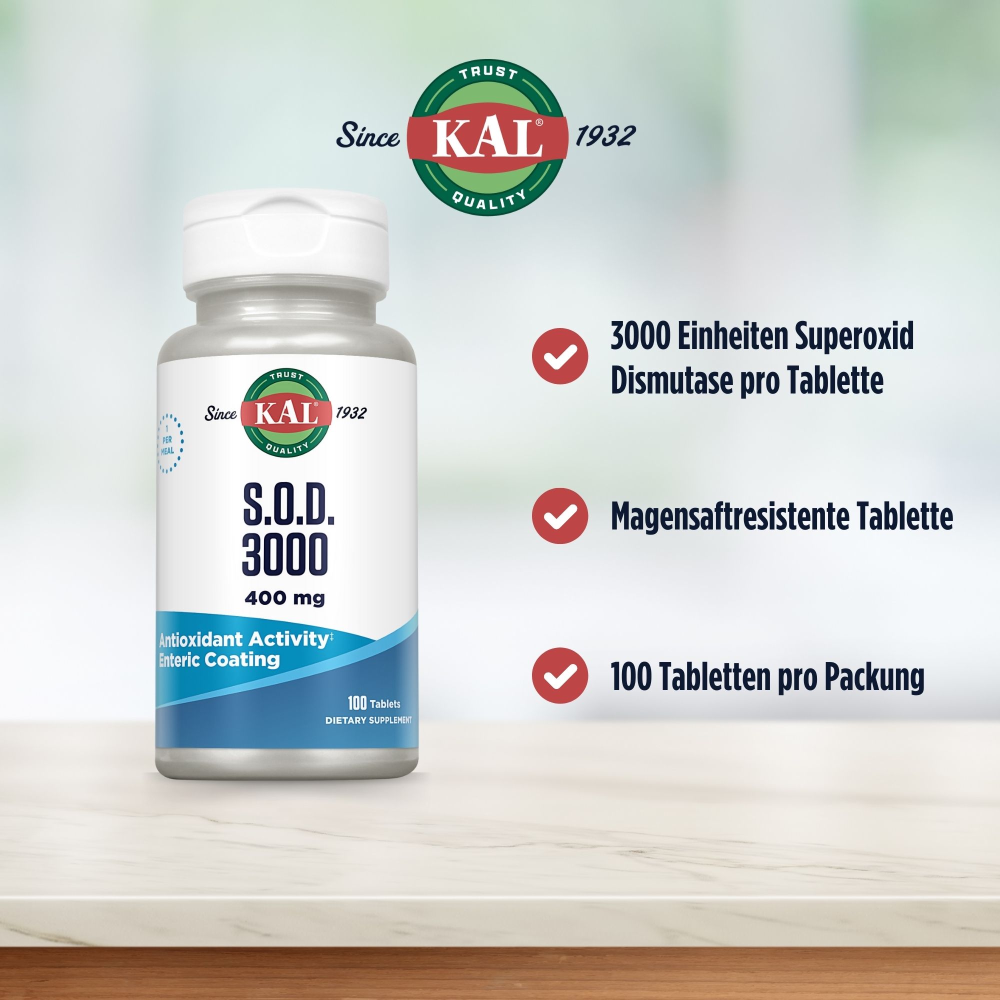 Produktfoto: Weiße Flasche mit KAL-Logo, S.O.D. 3000, 400 mg, 100 Tabletten, antioxidative Wirkung, magensaftresistent, Nahrungsergänzungsmittel.