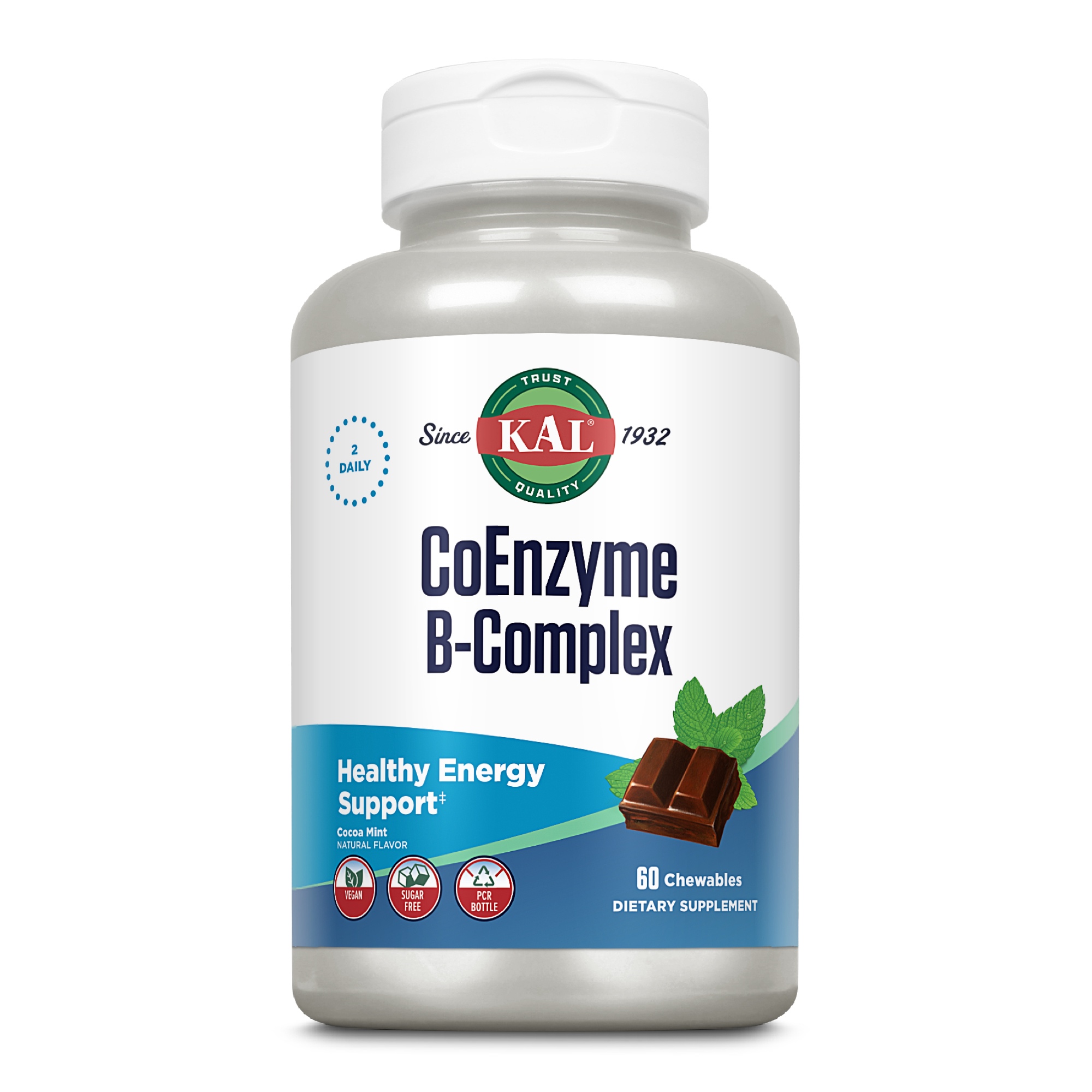 Produktfoto: Das Bild zeigt eine Flasche mit Nahrungsergänzungsmitteln der Marke KAL. Auf dem Etikett steht “CoEnzyme B-Complex“. Die Flasche ist weiß mit einem blauen Etikett, das Informationen wie “Healthy Energy Support“ und “60 Chewables“ enthält. Es sind Symbole für vegan, zuckerfrei und PCR-Bottle zu sehen. Ein Bild von Schokolade und Minzblättern ist ebenfalls abgebildet. Die Flasche steht vor einem weißen Hintergrund.