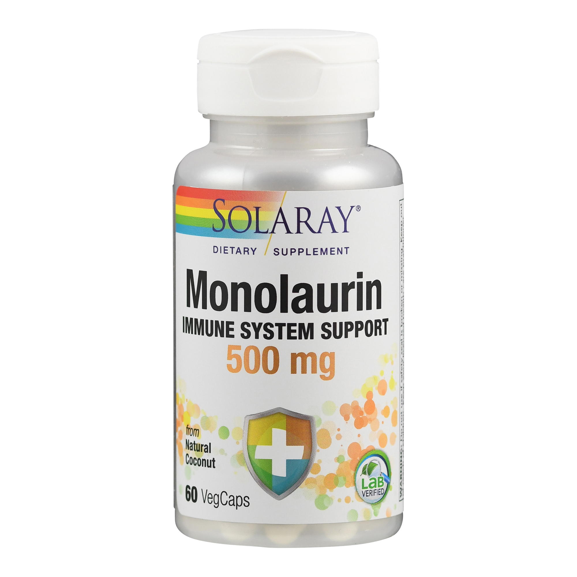Produktfoto: Flasche Solaray Monolaurin Nahrungsergänzung, 500 mg, 60 VegCaps zur Unterstützung des Immunsystems, aus natürlicher Kokosnuss.