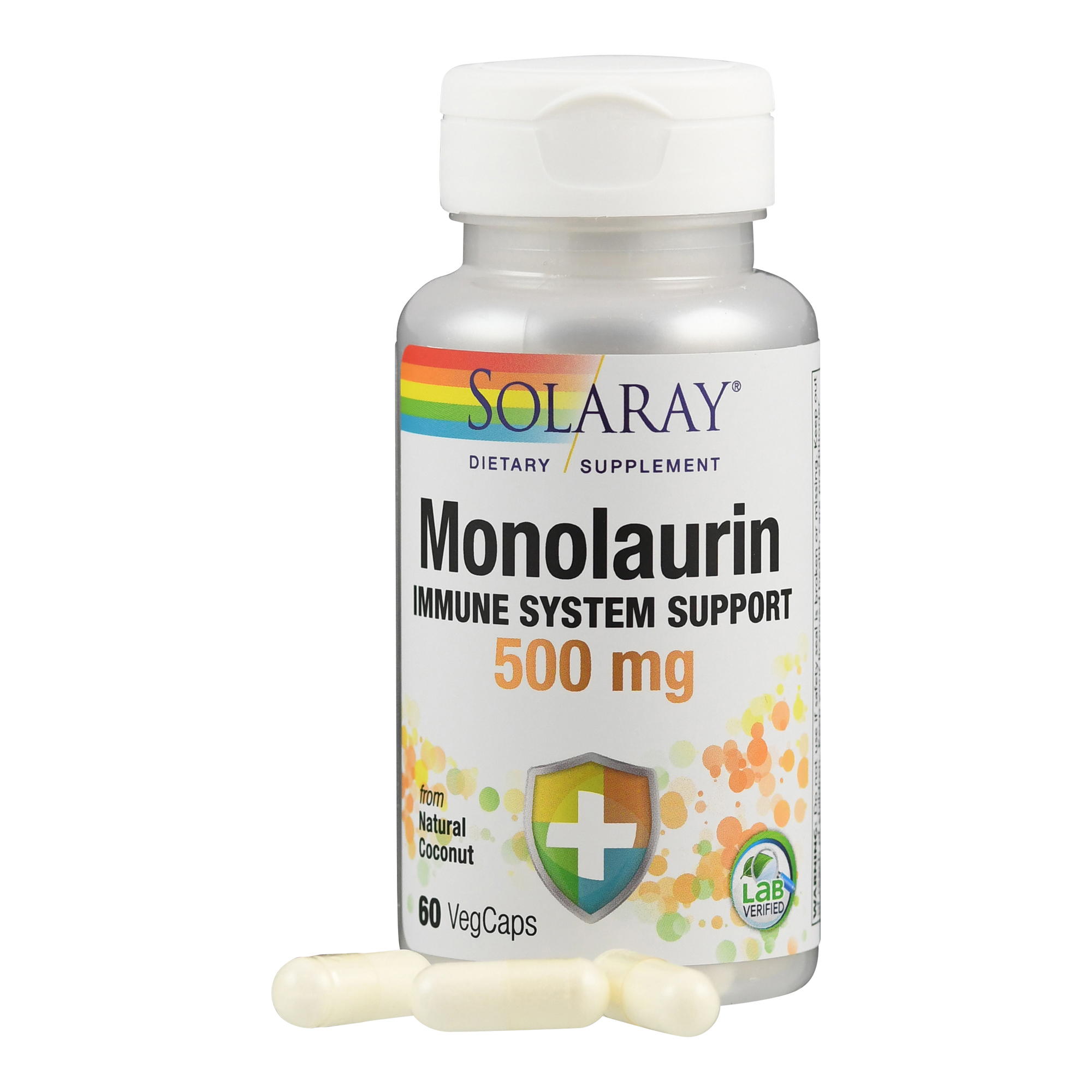 Produktfoto: Flasche Solaray Monolaurin Nahrungsergänzung, 500 mg, 60 VegCaps zur Unterstützung des Immunsystems, aus natürlicher Kokosnuss.