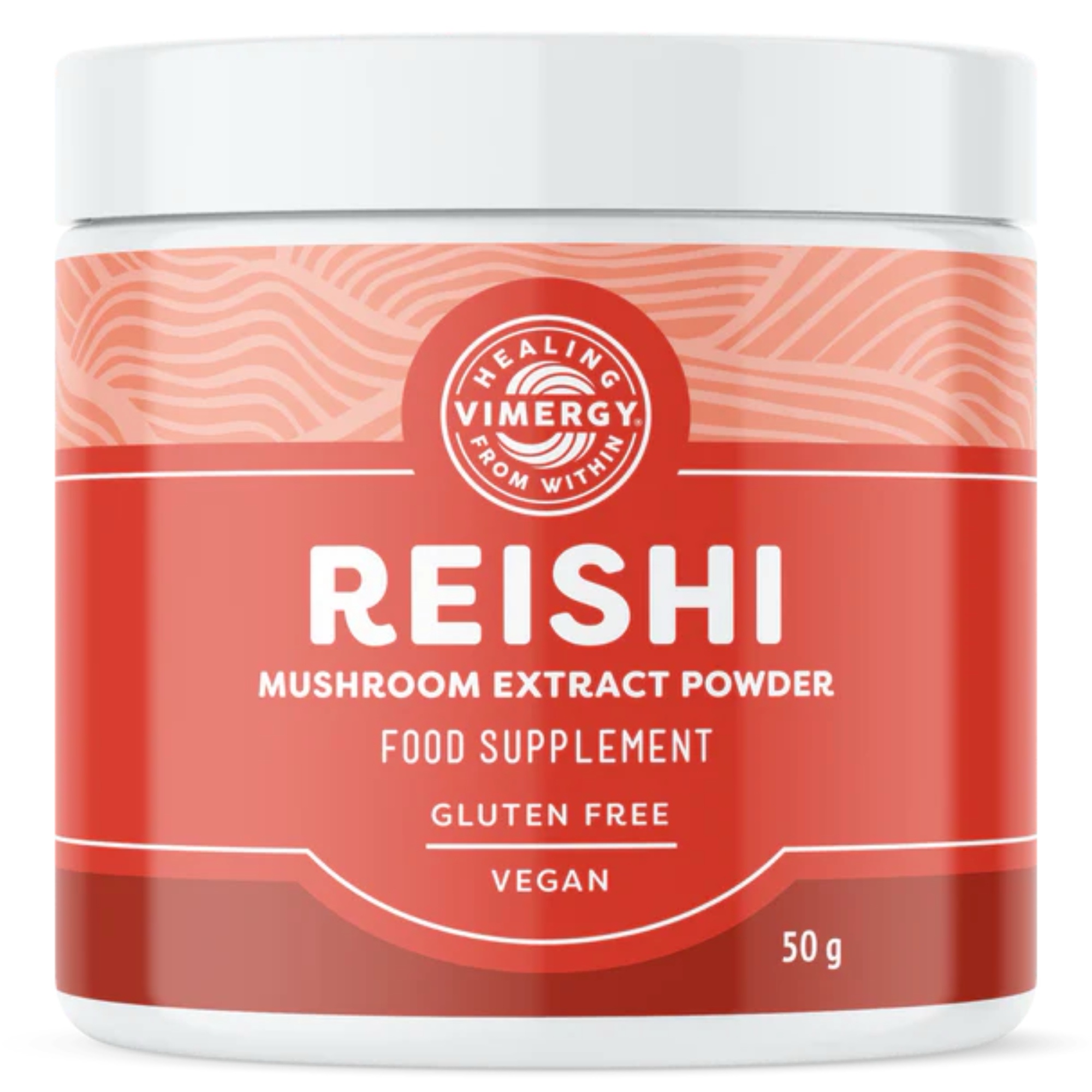 Produktfoto: Rotes Etikett auf einer Dose Reishi-Pilzextraktpulver, vegan, glutenfrei, USDA Bio, 50g. Neben der Dose liegt etwas Pulver.