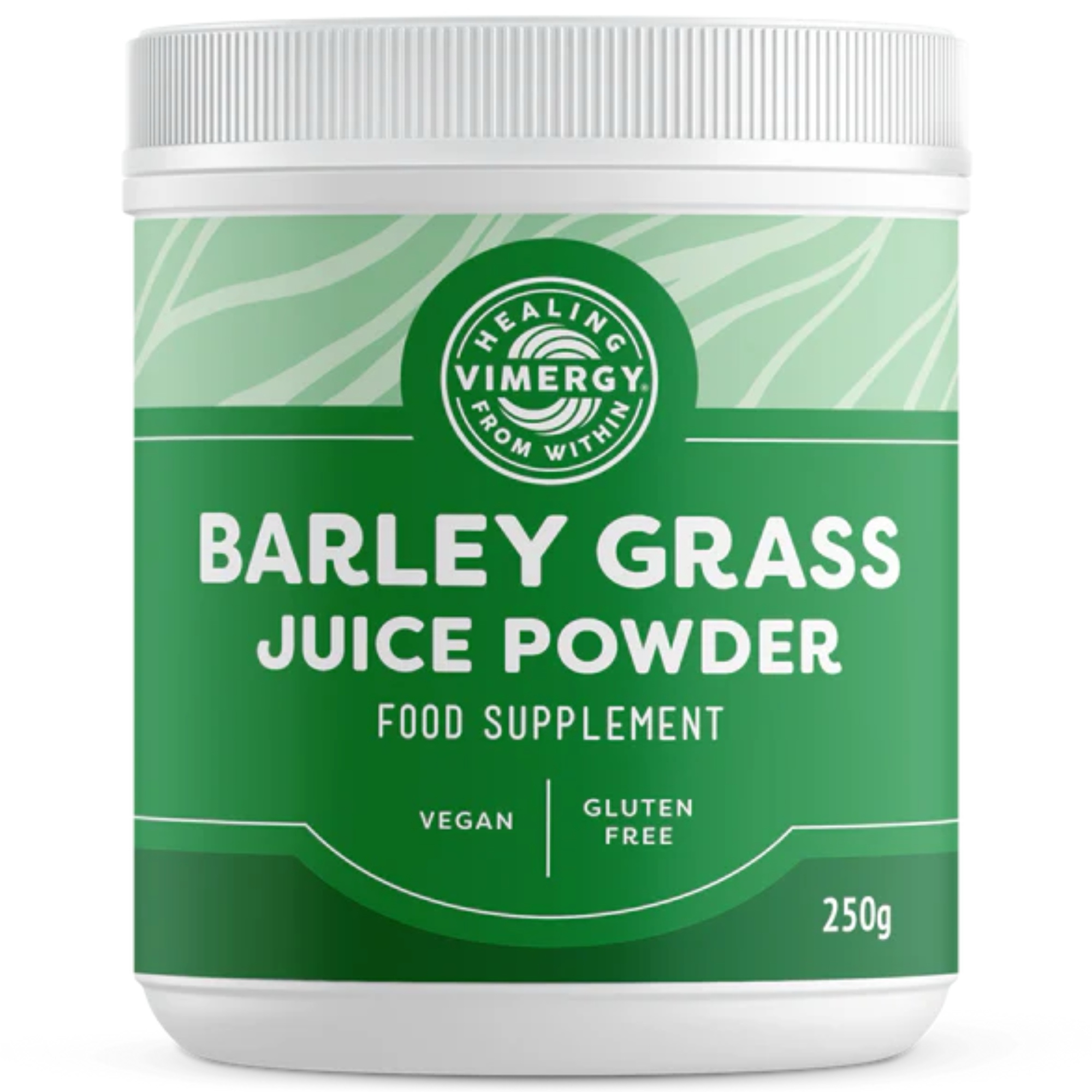Produktfoto: Grünes Etikett auf Dose mit “Barley Grass Juice Powder“. Vegan, USDA Organic, glutenfrei. Nettogewicht 250g. Grünes Pulver daneben.