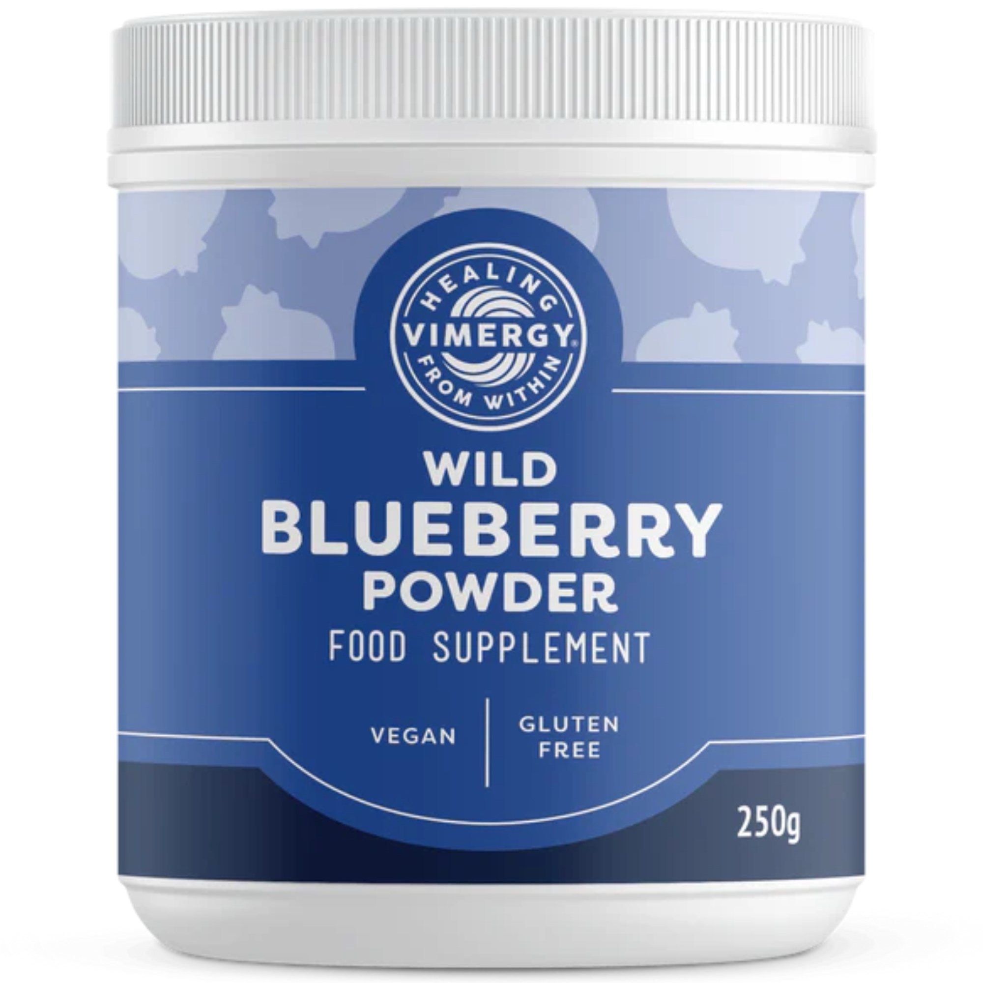 Produktfoto: Behälter mit Wildheidelbeer-Pulver, Nahrungsergänzungsmittel, vegan, glutenfrei, USDA Bio-Siegel, Nettoinhalt 250g.