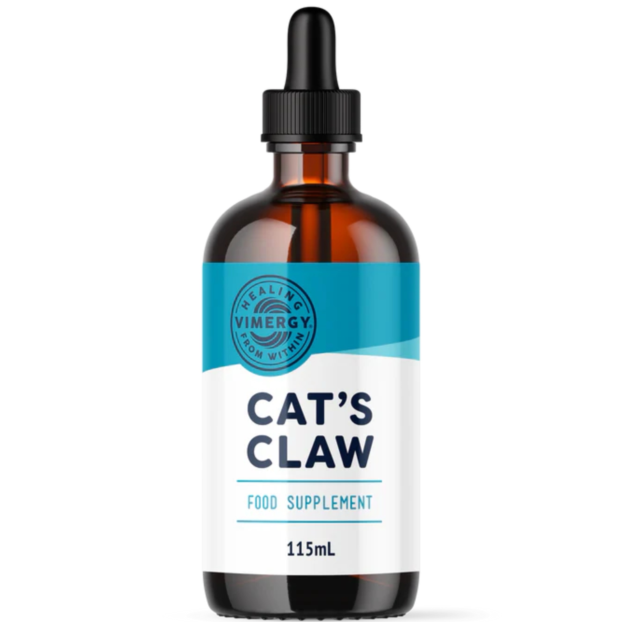 Produktfoto: Eine braune Glasflasche mit einem blauen Etikett, auf dem 'Cat's Claw Dietary Supplement' steht, neben einer Pipette mit orangefarbener Flüssigkeit.