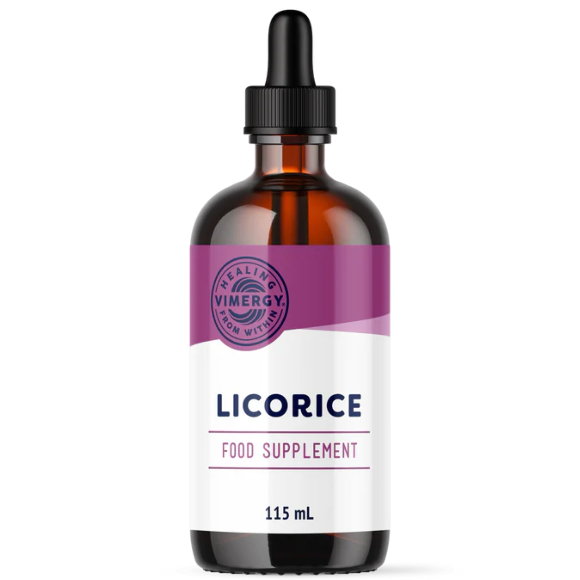 Produktfoto: Eine braune Glasflasche mit der Aufschrift “Licorice Dietary Supplement“ steht neben einer Pipette mit brauner Flüssigkeit. Das Etikett zeigt “USDA Organic“ und “Vimergy“.