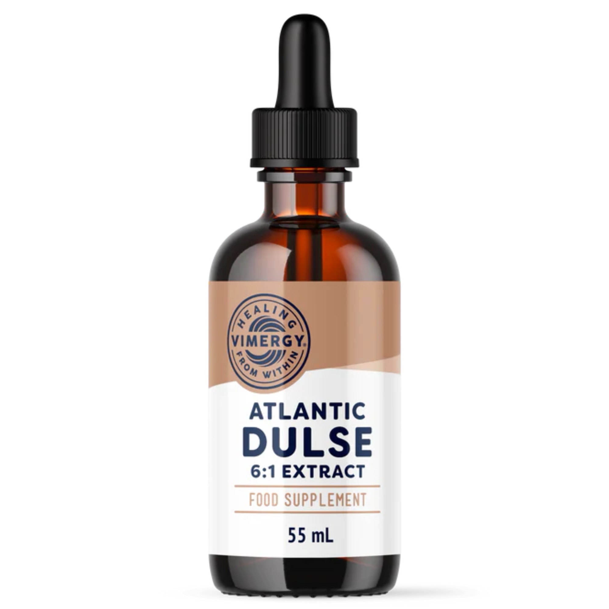 Produktfoto: Eine braune Glasflasche mit der Aufschrift 'Atlantic Dulse 6:1 Extract' steht aufrecht. Daneben liegt eine Pipette mit brauner Flüssigkeit. Die Flasche trägt ein USDA Organic-Siegel und enthält 55 mL Nahrungsergänzungsmittel.