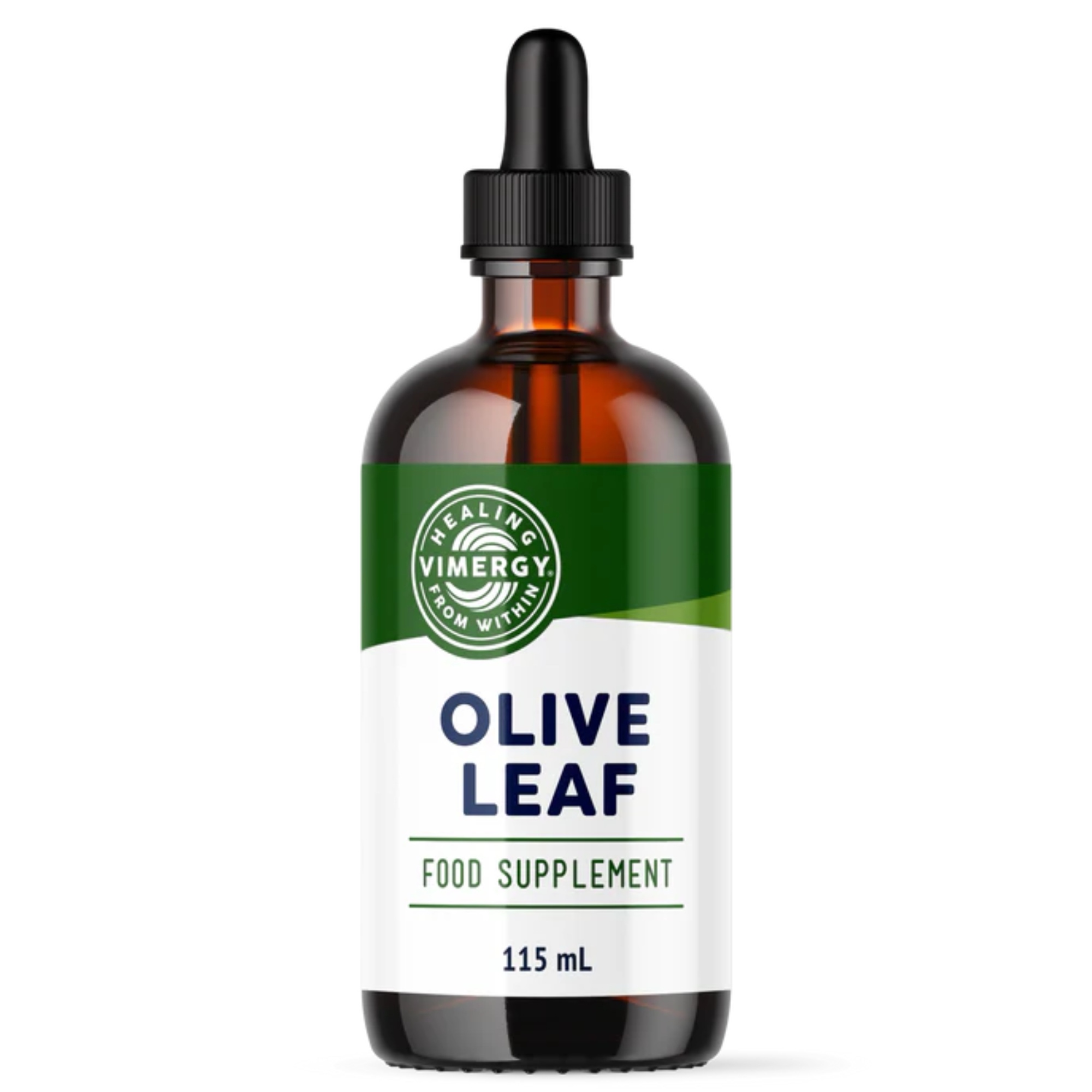 Produktfoto: Eine braune Glasflasche mit der Aufschrift “Olive Leaf“ und einem Pipettenverschluss steht aufrecht. Daneben liegt eine Pipette mit einer braunen Flüssigkeit.