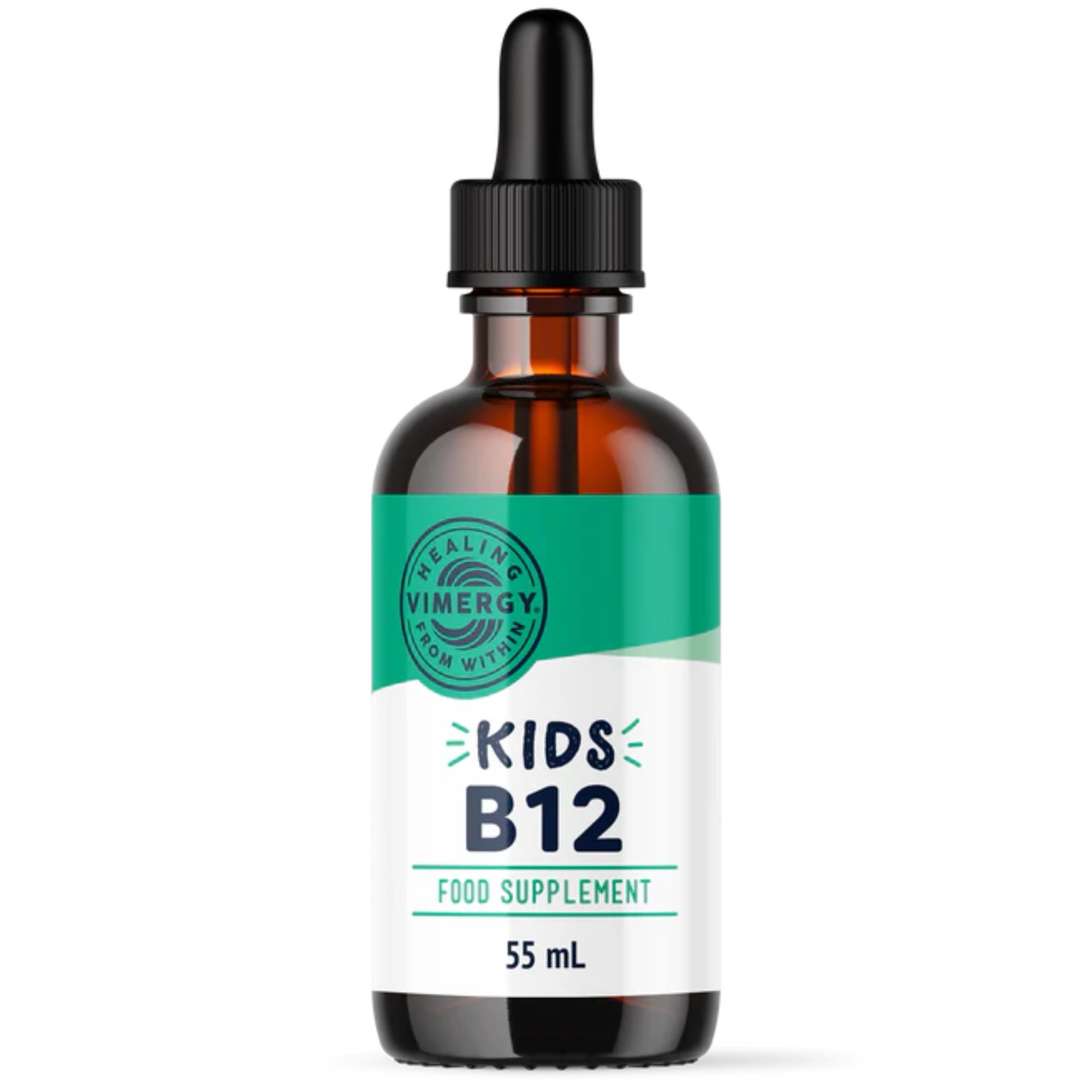 Produktfoto: Das Bild zeigt eine braune Glasflasche mit einer Pipette. Auf dem Etikett steht “Kids B12 Dietary Supplement“. Es gibt ein USDA Organic Siegel und das Logo “Healing Vimergy from Within“. Die Flasche hat ein Volumen von 55 ml (1.85 FL. OZ.).