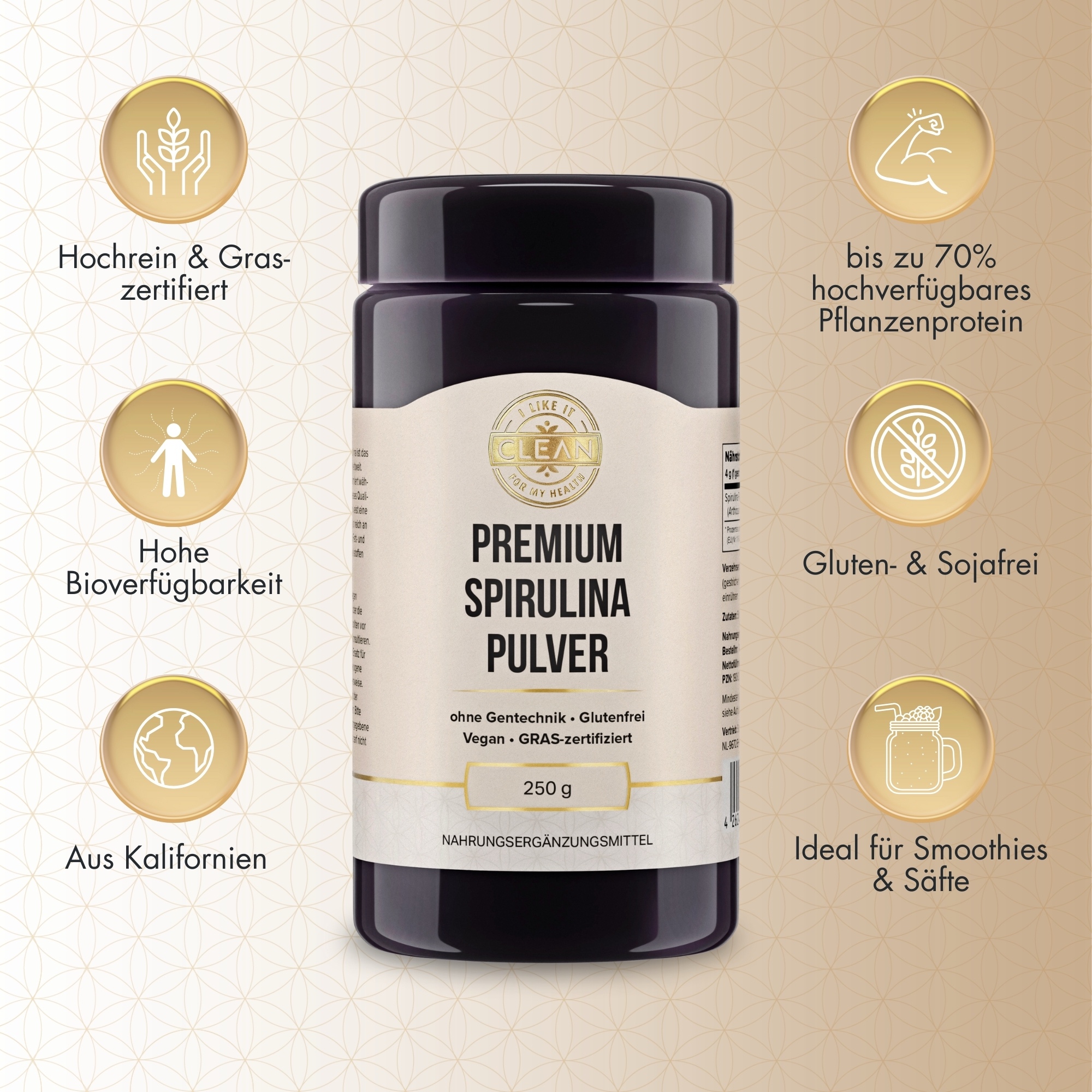 Produktfoto: Eine schwarze Plastikdose mit einem Etikett, auf dem “Premium Spirulina Pulver“ steht. Das Produkt ist ohne Gentechnik, glutenfrei, vegan und GRAS-zertifiziert. Die Dose enthält 250 g Nahrungsergänzungsmittel.
