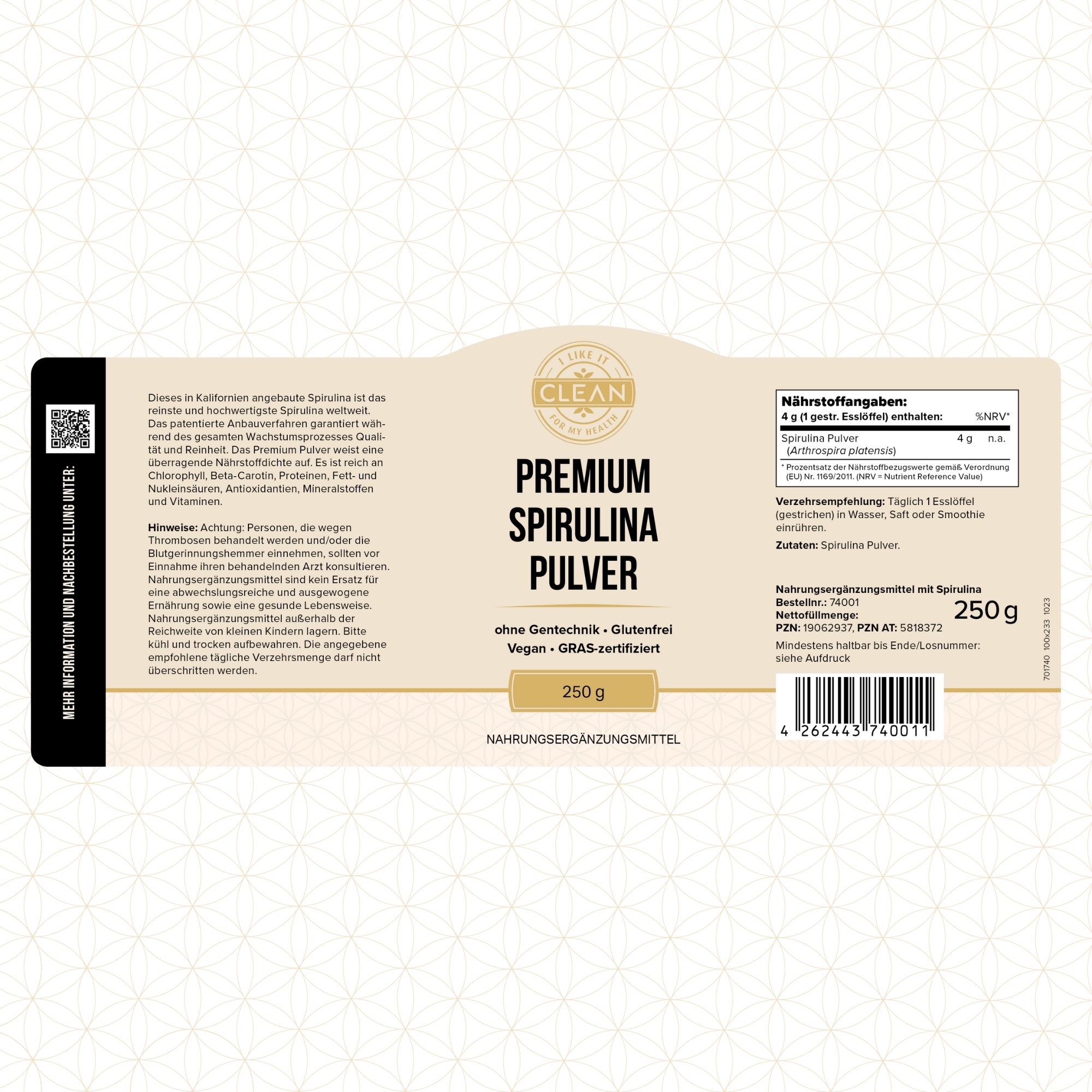 Produktfoto: Eine schwarze Plastikdose mit einem Etikett, auf dem “Premium Spirulina Pulver“ steht. Das Produkt ist ohne Gentechnik, glutenfrei, vegan und GRAS-zertifiziert. Die Dose enthält 250 g Nahrungsergänzungsmittel.