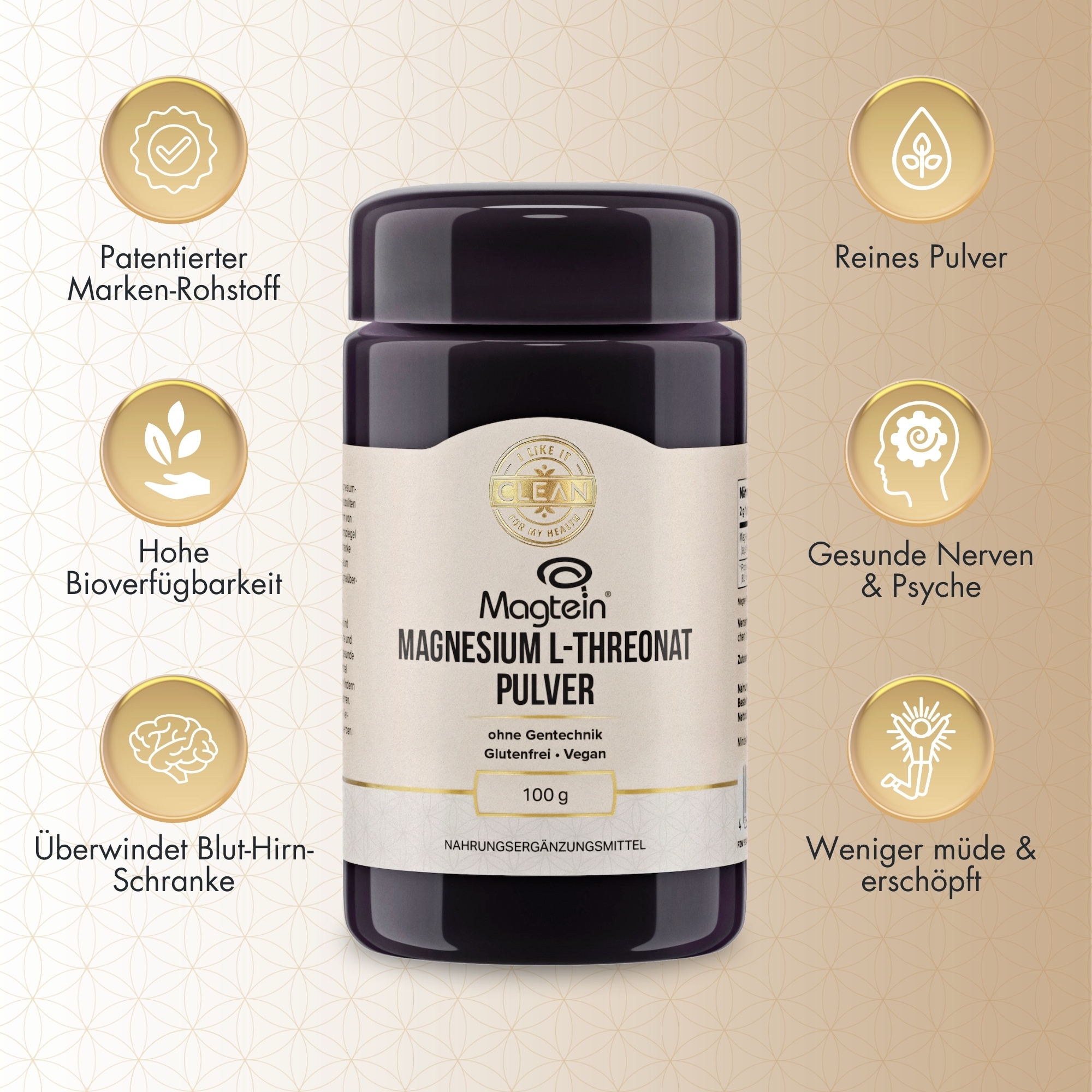 Produktfoto: Mehrere Nahrungsergänzungsmittel in dunklen Flaschen auf einem beigen Podest vor braunem Hintergrund. Der Text 'I LIKE IT CLEAN' ist oben zu sehen.