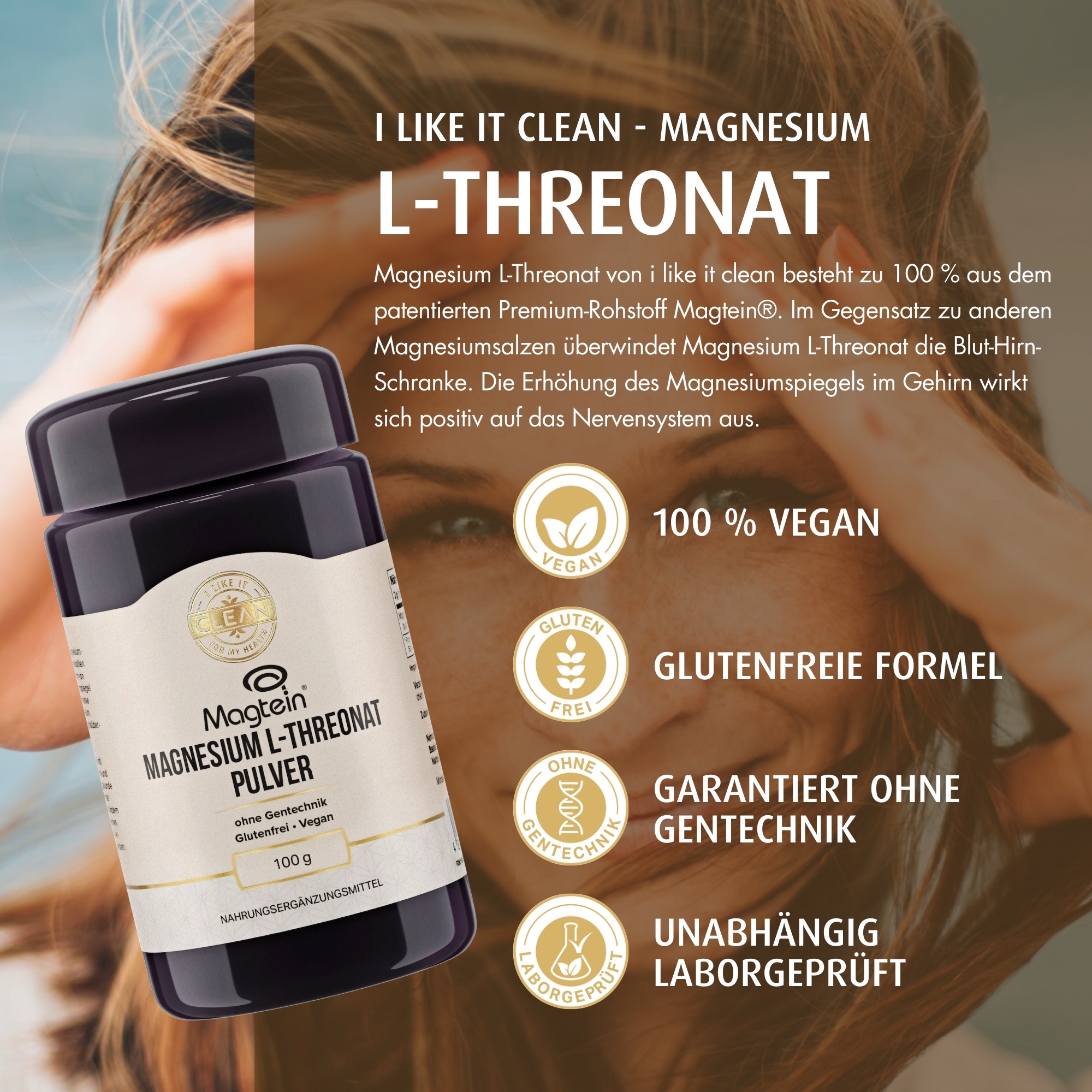 Produktfoto: Mehrere Nahrungsergänzungsmittel in dunklen Flaschen auf einem beigen Podest vor braunem Hintergrund. Der Text 'I LIKE IT CLEAN' ist oben zu sehen.