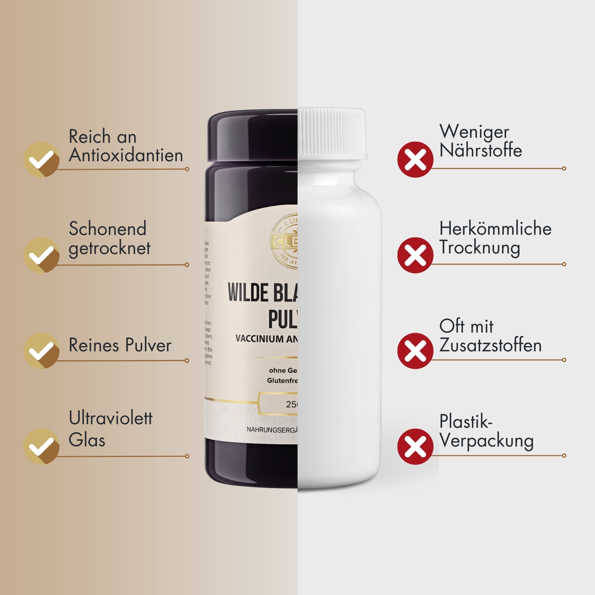 Produktfoto: Ein Behälter mit der Aufschrift “Wilde Blaubeeren Pulver“. Das Etikett zeigt, dass es sich um ein gentechnikfreies, glutenfreies und veganes Produkt handelt. Der Behälter hat ein Fassungsvermögen von 250 g und ist als Nahrungsergänzungsmittel gekennzeichnet. Das Design ist schlicht und informativ, mit einem goldenen Logo oben auf dem Etikett.