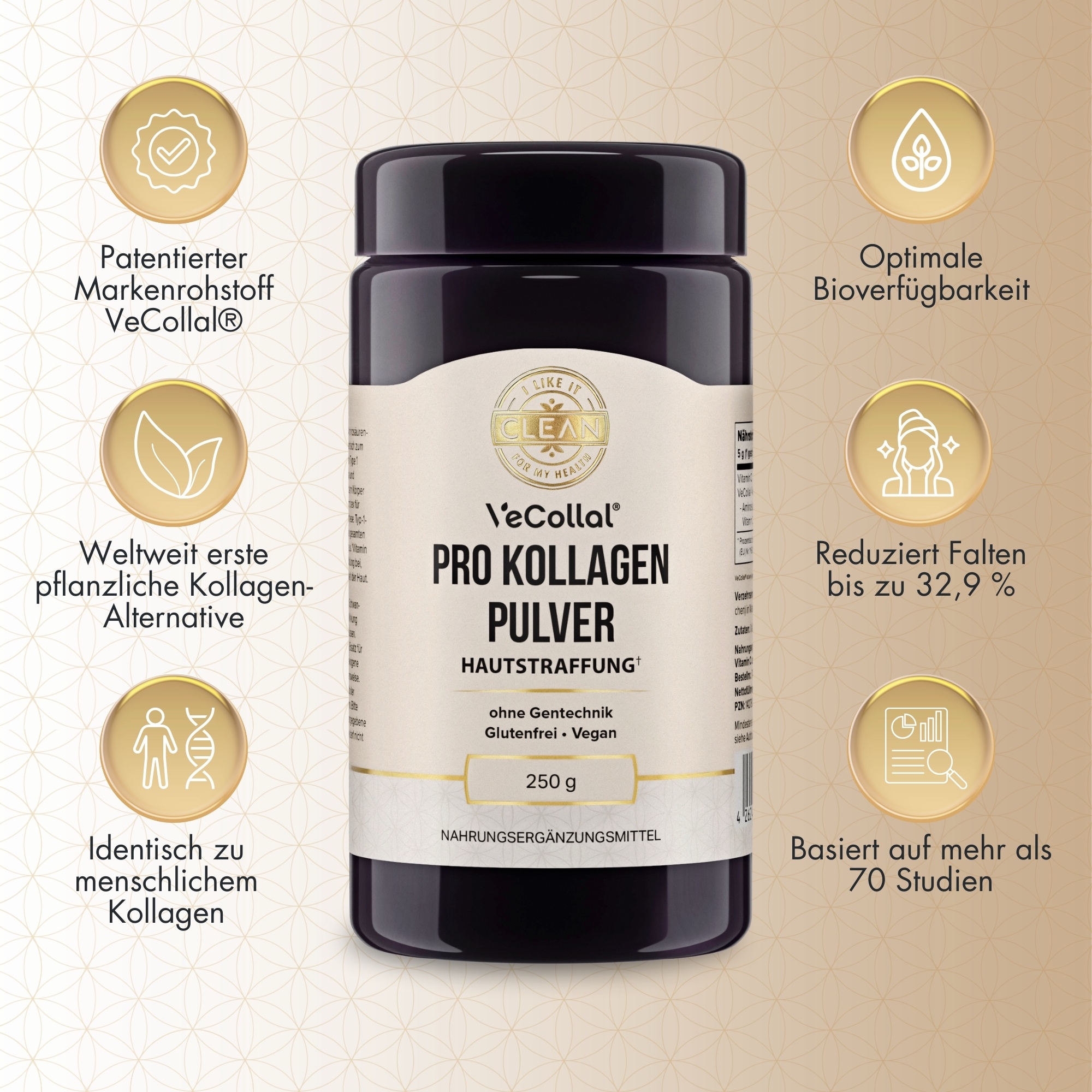 Produktfoto: Eine Frau meditiert im Schneidersitz auf einem Felsen am Meer bei Sonnenuntergang. Der Text auf dem Bild lautet: “I LIKE IT CLEAN FOR MY HEALTH & OUR PLANET“. Auf der rechten Seite stehen die Punkte: “BEWUSST PLASTIKFREI“, “BPA-FREI“, “RECYCELBARE VERPACKUNG“, “LOKALE PRODUKTION“.