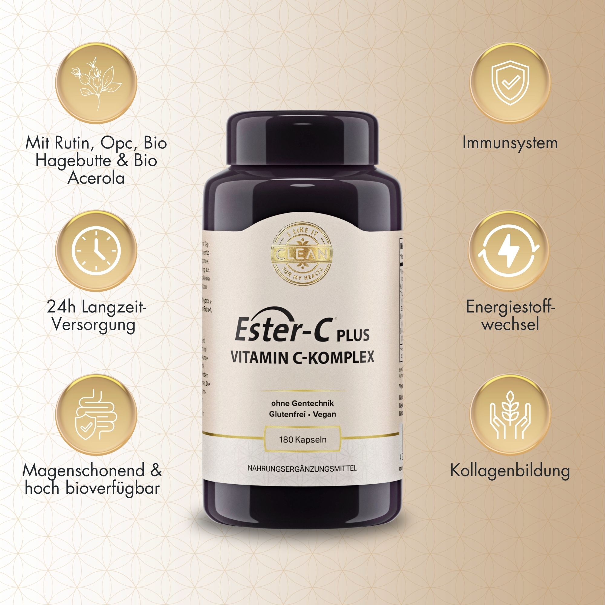 Produktfoto: Eine schwarze Plastikflasche mit einem Etikett, das “Ester-C Plus Vitamin C-Komplex“ zeigt. Es ist ein Nahrungsergänzungsmittel, das glutenfrei, vegan und ohne Gentechnik ist. Die Flasche enthält 180 Kapseln.