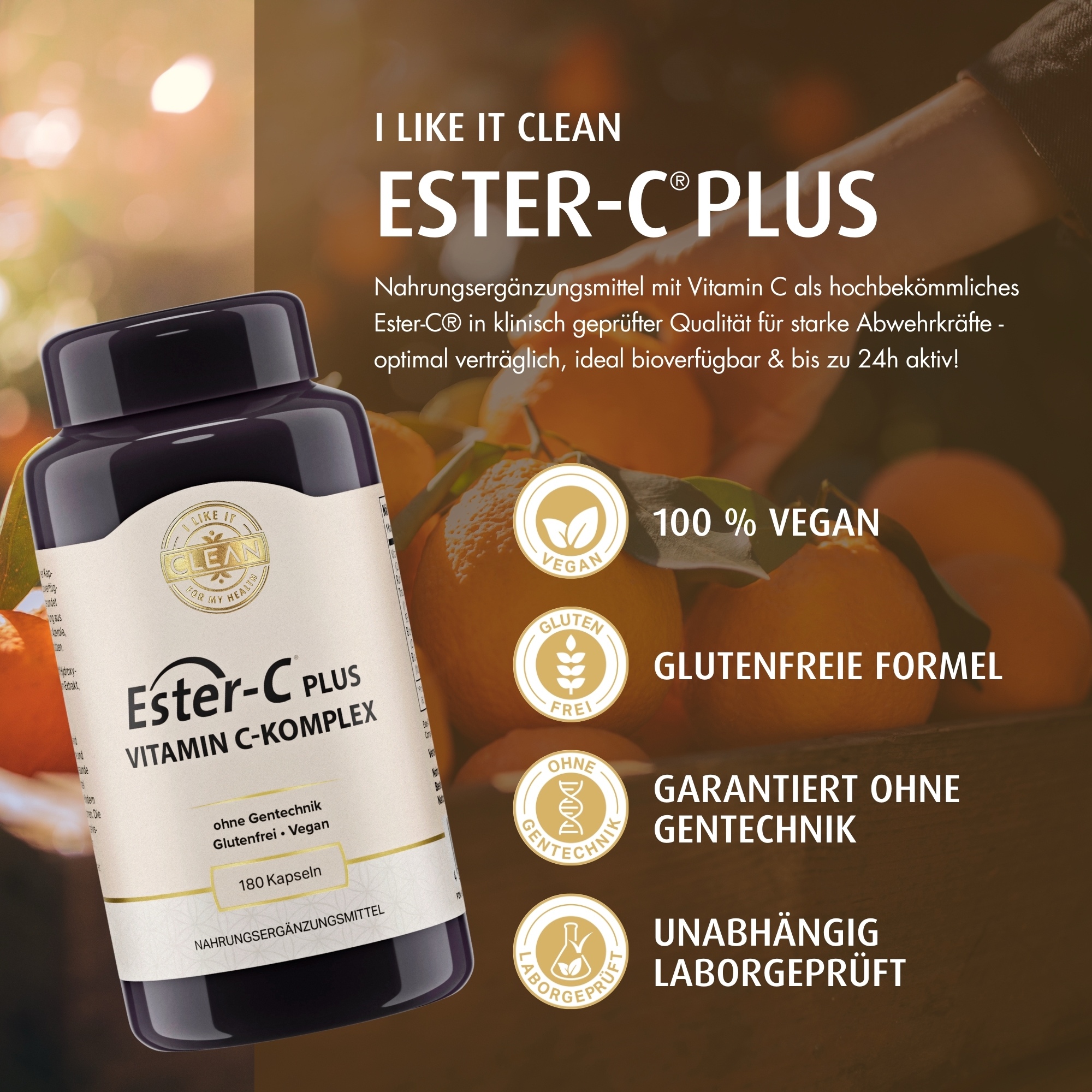 Produktfoto: Eine schwarze Plastikflasche mit einem Etikett, das “Ester-C Plus Vitamin C-Komplex“ zeigt. Es ist ein Nahrungsergänzungsmittel, das glutenfrei, vegan und ohne Gentechnik ist. Die Flasche enthält 180 Kapseln.