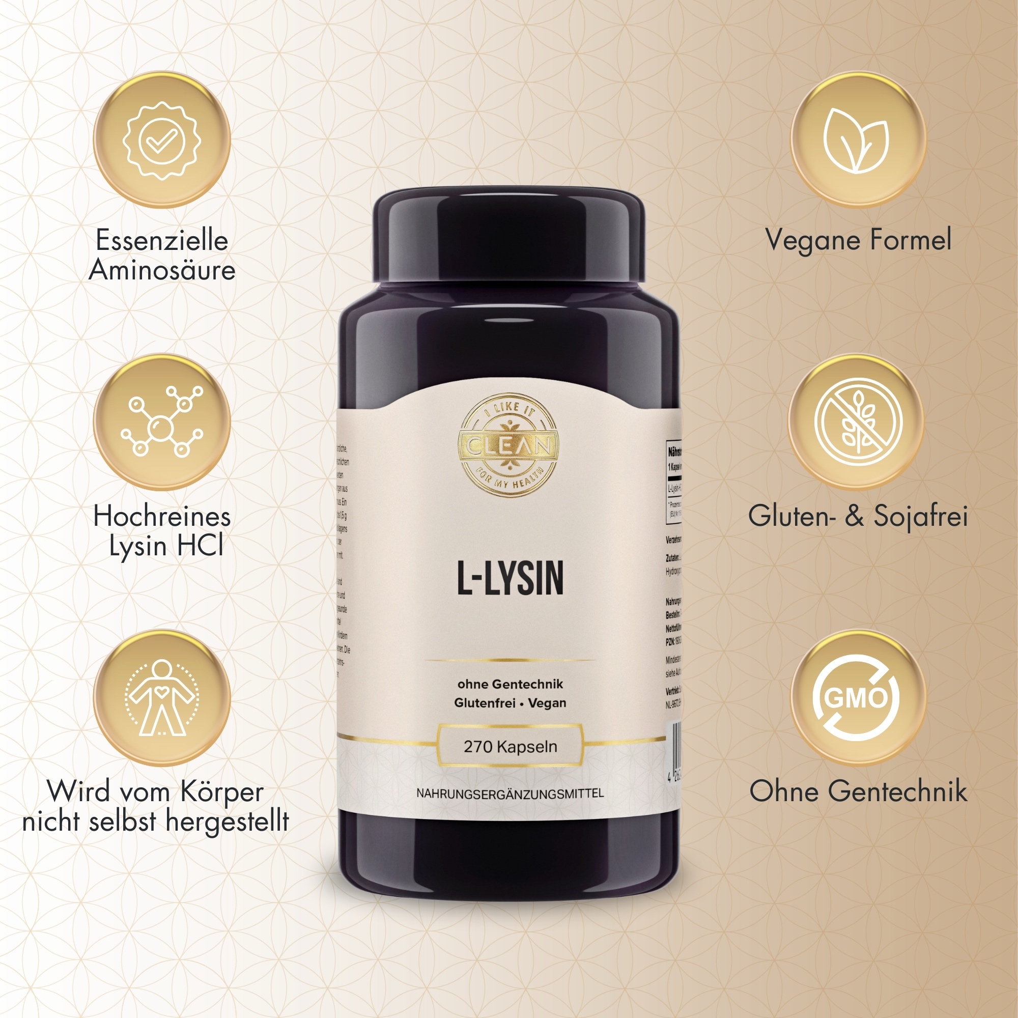 Produktfoto: Eine schwarze Plastikdose mit einem beige-weißen Etikett, auf dem 'L-Lysin' steht. Das Etikett betont, dass das Produkt gentechnikfrei, glutenfrei und vegan ist. Die Dose enthält 270 Kapseln eines Nahrungsergänzungsmittels.