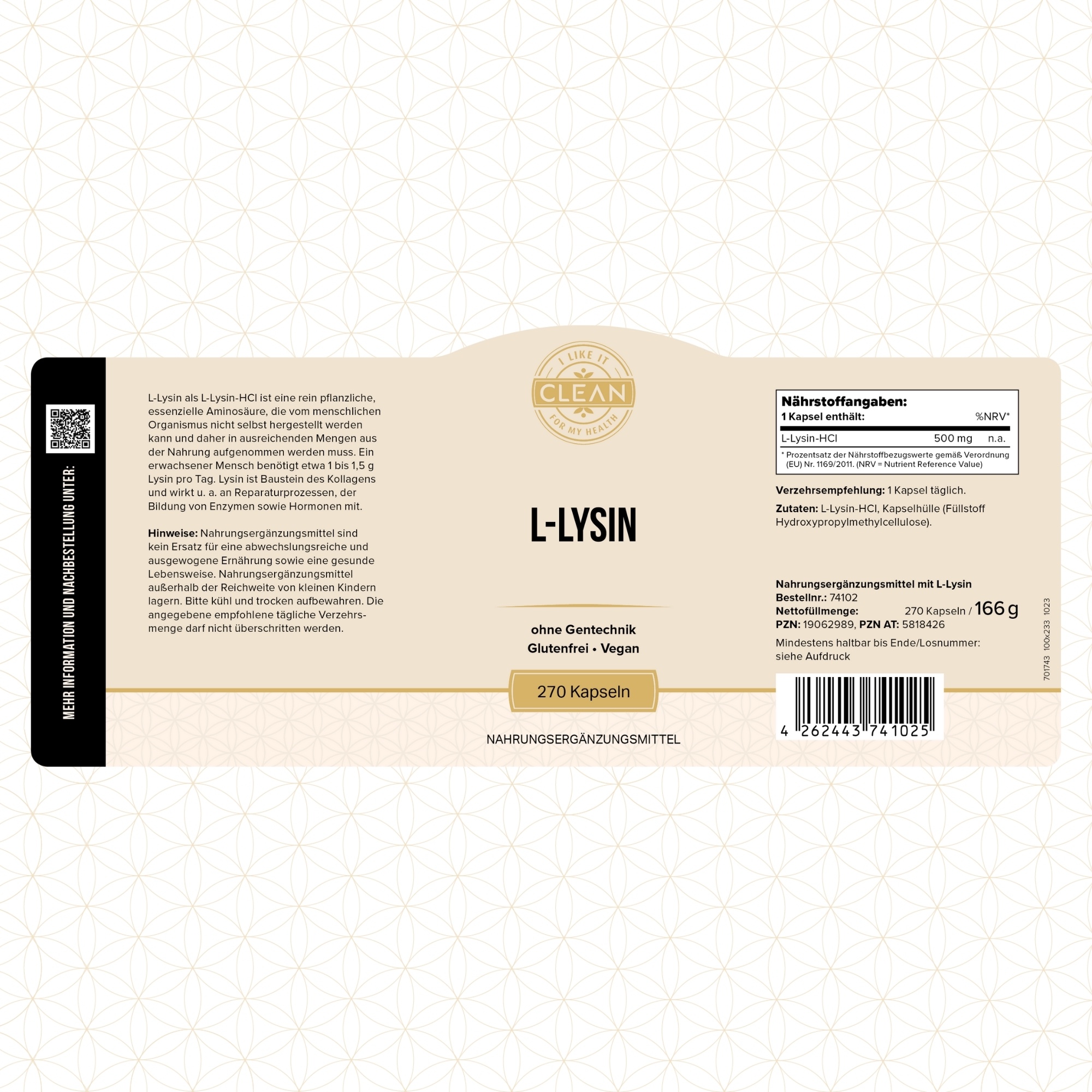 Produktfoto: Eine schwarze Plastikdose mit einem beige-weißen Etikett, auf dem 'L-Lysin' steht. Das Etikett betont, dass das Produkt gentechnikfrei, glutenfrei und vegan ist. Die Dose enthält 270 Kapseln eines Nahrungsergänzungsmittels.