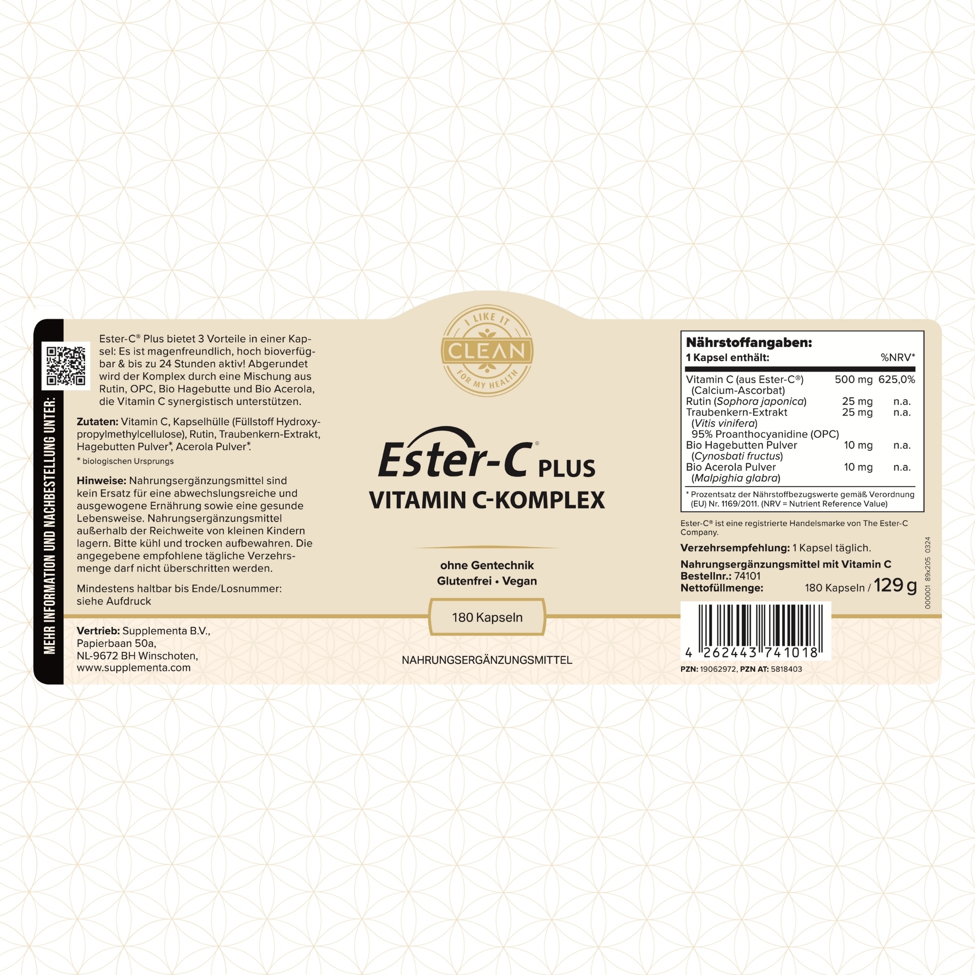 Produktfoto: Eine schwarze Plastikflasche mit einem Etikett, das “Ester-C Plus Vitamin C-Komplex“ zeigt. Es ist ein Nahrungsergänzungsmittel, das glutenfrei, vegan und ohne Gentechnik ist. Die Flasche enthält 180 Kapseln.