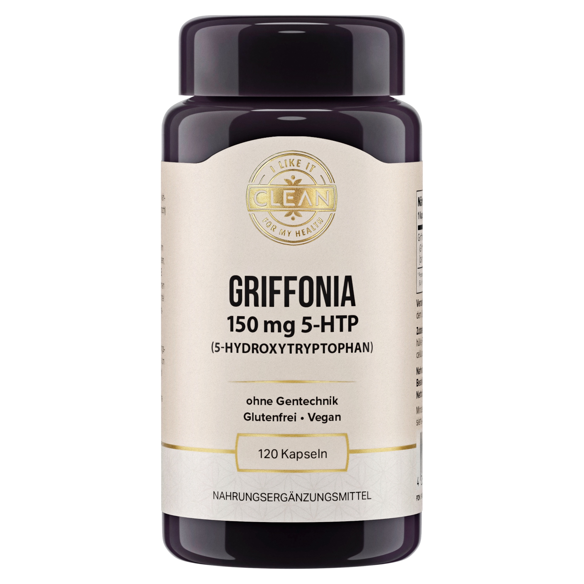 Produktfoto: Das Bild zeigt eine Verpackung von Griffonia 500 mg Kapseln mit natürlichem 5-HTP Gehalt, ohne Gentechnik und vegan. Die Verpackung ist dunkel und beige, mit einem goldenen Siegel. Um die Verpackung herum befinden sich Symbole, die die Vorteile des Produkts hervorheben, wie “Fördert die seelische Ausgeglichenheit“, “Hoher 5-HTP Gehalt“, “Natürliche Quelle“, “Keine Zusatzstoffe“, “Wesentlich für Biorhythmus“ und “Unterstützt Serotonin-Haushalt“.