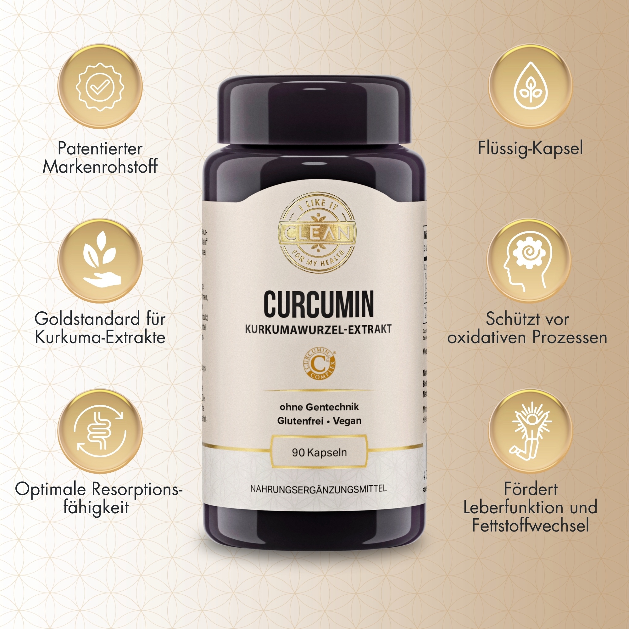 Produktfoto: Das Bild zeigt ein Nahrungsergänzungsmittel namens “I LIKE IT CLEAN CURCUMIN“ in einer schwarzen Flasche. Im Hintergrund sind Kurkumapulver und -wurzeln zu sehen. Auf der Flasche steht: “Kurkuma Wurzel-Extrakt, ohne Gentechnik, glutenfrei, vegan, 90 Kapseln“. Daneben befinden sich Symbole und Texte, die auf die Eigenschaften des Produkts hinweisen: 100 % vegan, glutenfreie Formel, garantiert ohne Gentechnik, unabhängig laborgeprüft. Im Hintergrund ist eine Schale mit Kurkumapulver zu sehen.
