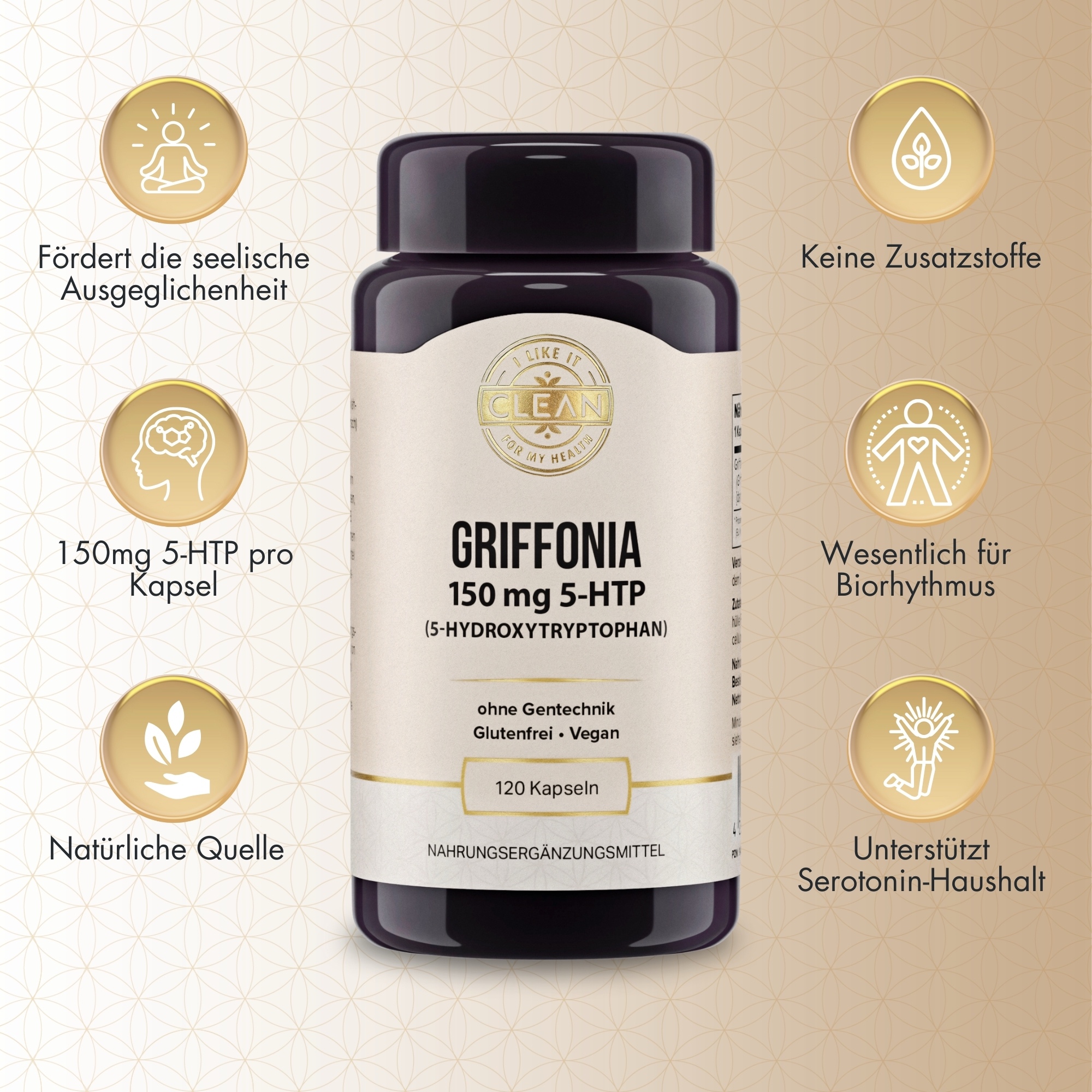 Produktfoto: Das Bild zeigt eine Verpackung von Griffonia 500 mg Kapseln mit natürlichem 5-HTP Gehalt, ohne Gentechnik und vegan. Die Verpackung ist dunkel und beige, mit einem goldenen Siegel. Um die Verpackung herum befinden sich Symbole, die die Vorteile des Produkts hervorheben, wie “Fördert die seelische Ausgeglichenheit“, “Hoher 5-HTP Gehalt“, “Natürliche Quelle“, “Keine Zusatzstoffe“, “Wesentlich für Biorhythmus“ und “Unterstützt Serotonin-Haushalt“.