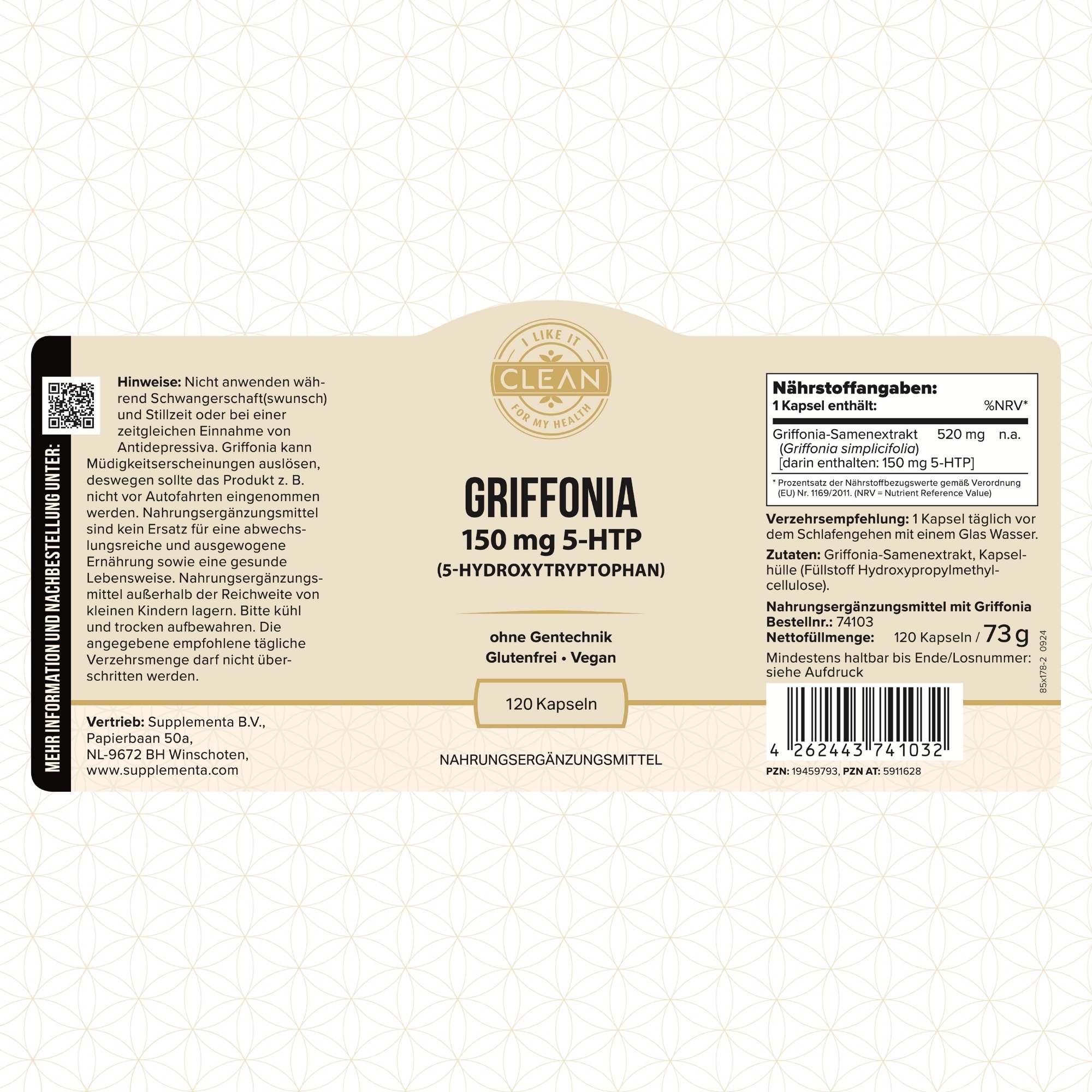 Produktfoto: Das Bild zeigt eine Verpackung von Griffonia 500 mg Kapseln mit natürlichem 5-HTP Gehalt, ohne Gentechnik und vegan. Die Verpackung ist dunkel und beige, mit einem goldenen Siegel. Um die Verpackung herum befinden sich Symbole, die die Vorteile des Produkts hervorheben, wie “Fördert die seelische Ausgeglichenheit“, “Hoher 5-HTP Gehalt“, “Natürliche Quelle“, “Keine Zusatzstoffe“, “Wesentlich für Biorhythmus“ und “Unterstützt Serotonin-Haushalt“.