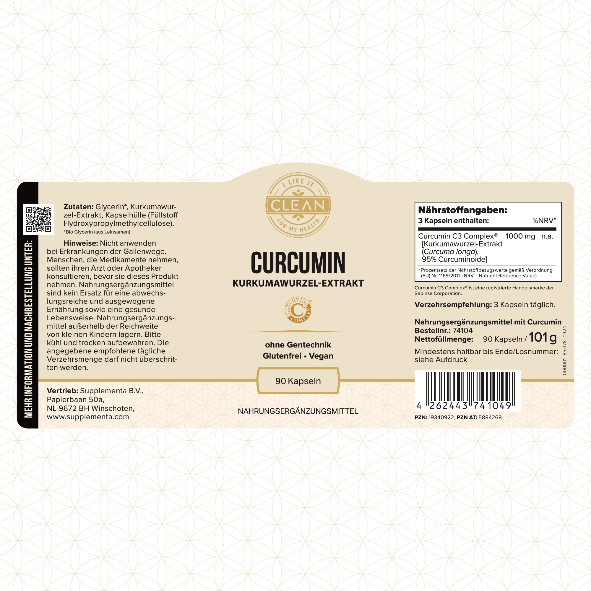 Produktfoto: Das Bild zeigt ein Nahrungsergänzungsmittel namens “I LIKE IT CLEAN CURCUMIN“ in einer schwarzen Flasche. Im Hintergrund sind Kurkumapulver und -wurzeln zu sehen. Auf der Flasche steht: “Kurkuma Wurzel-Extrakt, ohne Gentechnik, glutenfrei, vegan, 90 Kapseln“. Daneben befinden sich Symbole und Texte, die auf die Eigenschaften des Produkts hinweisen: 100 % vegan, glutenfreie Formel, garantiert ohne Gentechnik, unabhängig laborgeprüft. Im Hintergrund ist eine Schale mit Kurkumapulver zu sehen.