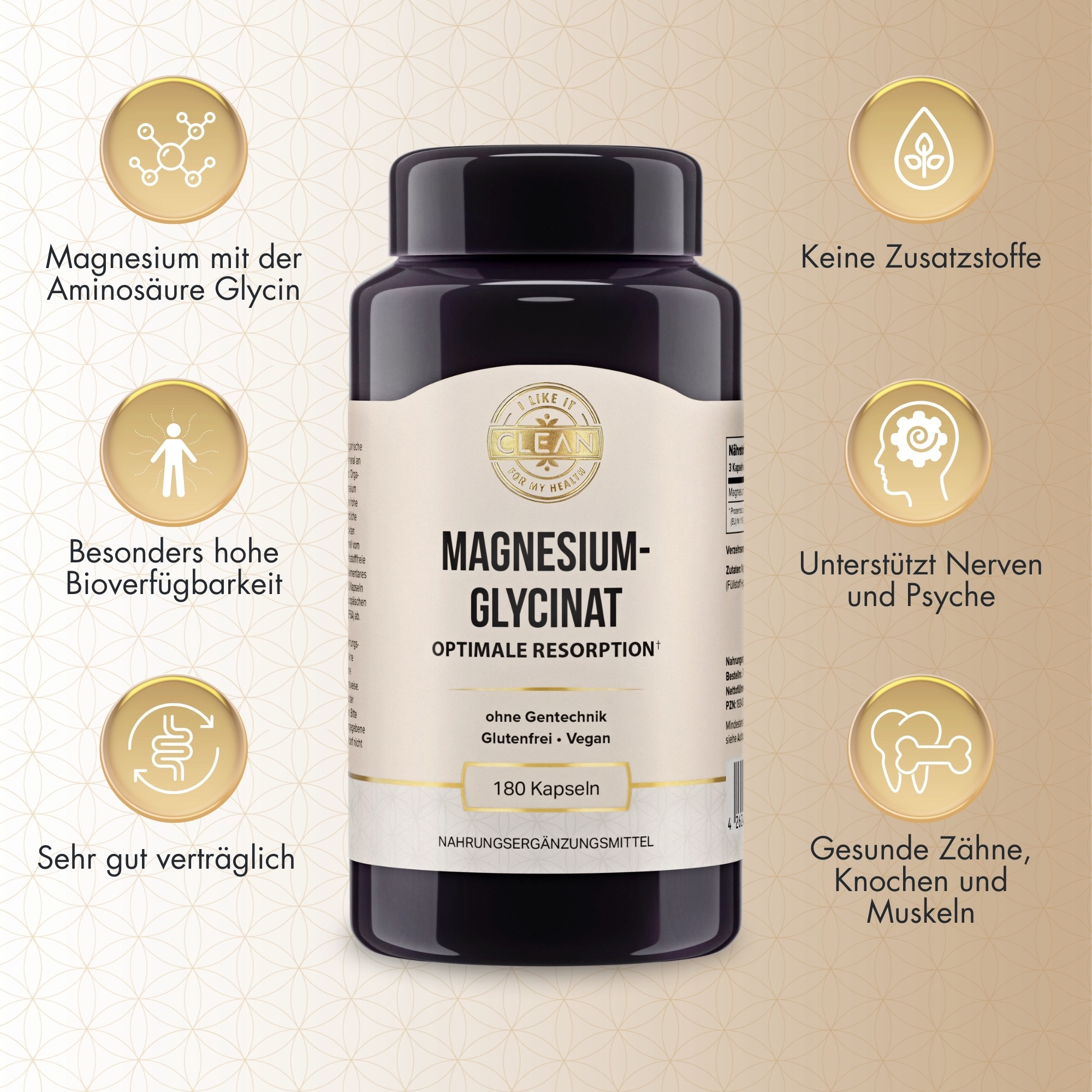 Produktfoto: Das Bild zeigt eine dunkelviolette Flasche mit einem weißen Etikett, auf dem “Magnesiumglycinat“ steht. Es handelt sich um ein Nahrungsergänzungsmittel mit 180 Kapseln. Auf dem Etikett sind die Worte “Optimale Resorption“, “ohne Gentechnik“, “Glutenfrei“ und “Vegan“ zu sehen. Oben auf dem Etikett steht “I like it clean for my health“. Die Flasche hat einen schwarzen Deckel.