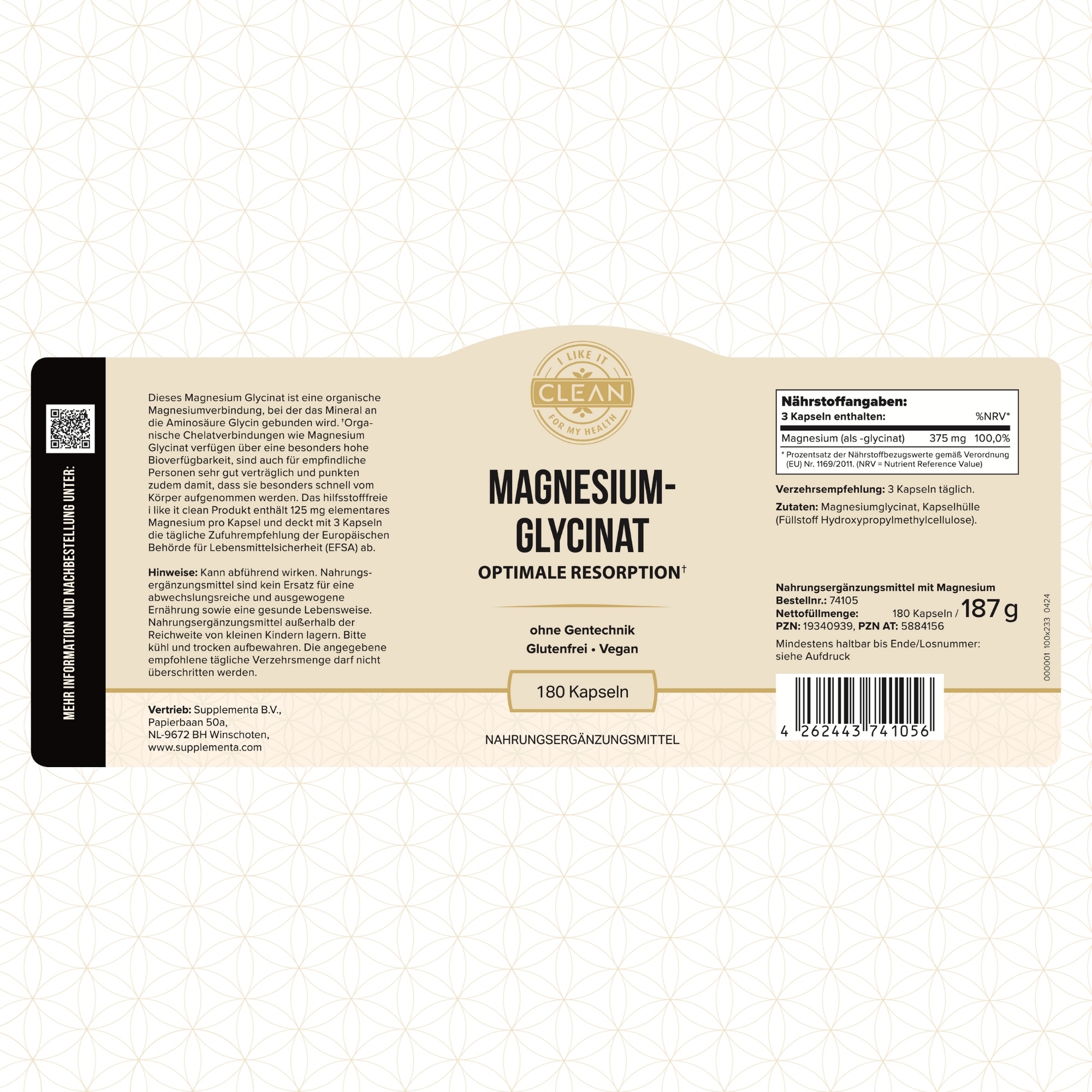 Produktfoto: Das Bild zeigt eine dunkelviolette Flasche mit einem weißen Etikett, auf dem “Magnesiumglycinat“ steht. Es handelt sich um ein Nahrungsergänzungsmittel mit 180 Kapseln. Auf dem Etikett sind die Worte “Optimale Resorption“, “ohne Gentechnik“, “Glutenfrei“ und “Vegan“ zu sehen. Oben auf dem Etikett steht “I like it clean for my health“. Die Flasche hat einen schwarzen Deckel.