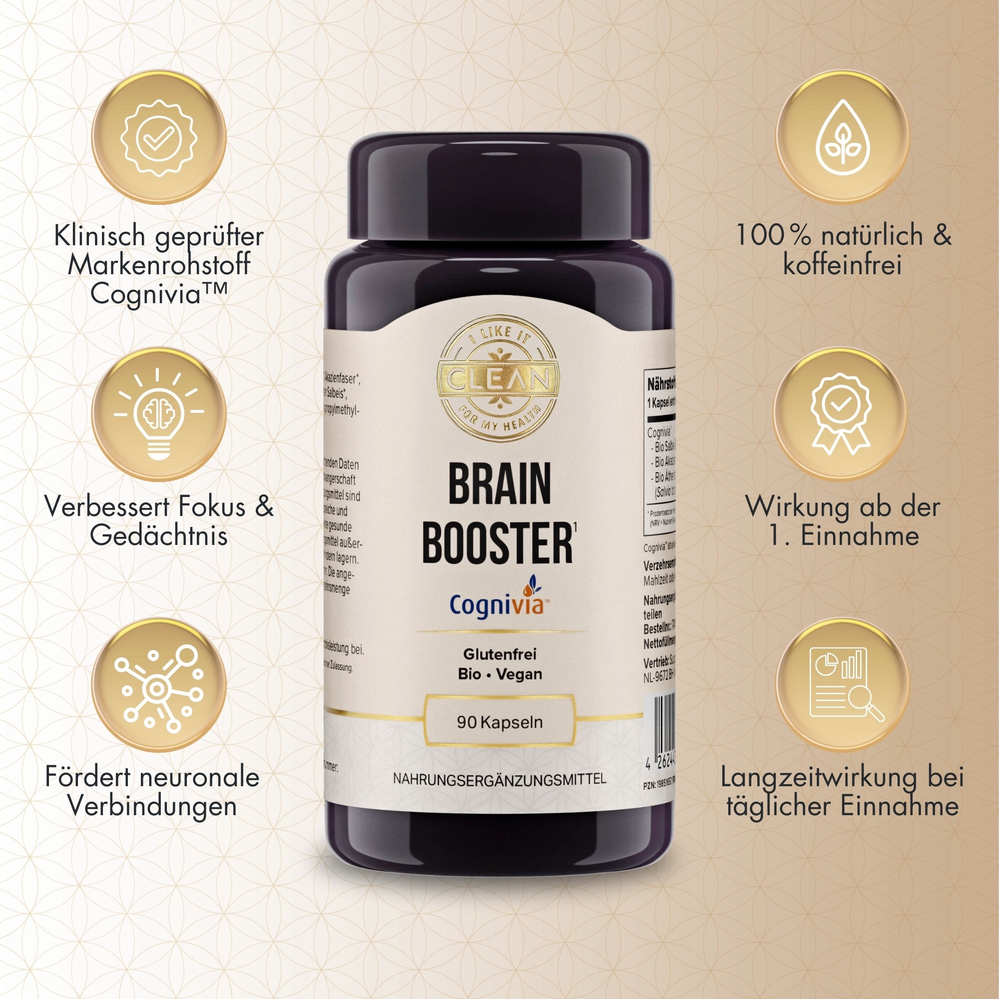 Produktfoto: Das Bild zeigt zwei Pillenflaschen nebeneinander. Die linke Flasche ist dunkel und hat ein Etikett mit der Aufschrift “Brain Booster“ und mehreren Vorteilen wie “koffeinfrei“, “natürlich“ und “spürbare Wirkung ab der 1. Kapsel“. Die rechte Flasche ist weiß und unbeschriftet, mit negativen Punkten wie “nicht klinisch getestet“ und “oft mit Koffein“. Der Hintergrund ist zweifarbig, links beige und rechts weiß.