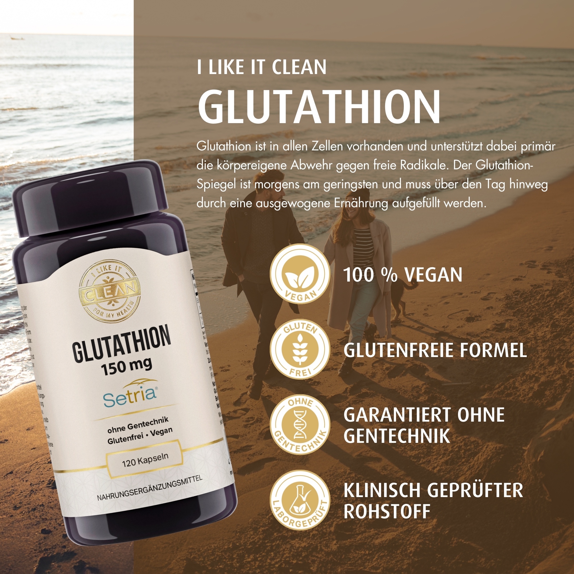 Produktfoto: Eine braune Plastikdose mit der Aufschrift 'Glutathion 150 mg, Setria, ohne Gentechnik, Glutenfrei, Vegan, 120 Kapseln'. Das Etikett zeigt auch 'Nahrungsergänzungsmittel'.