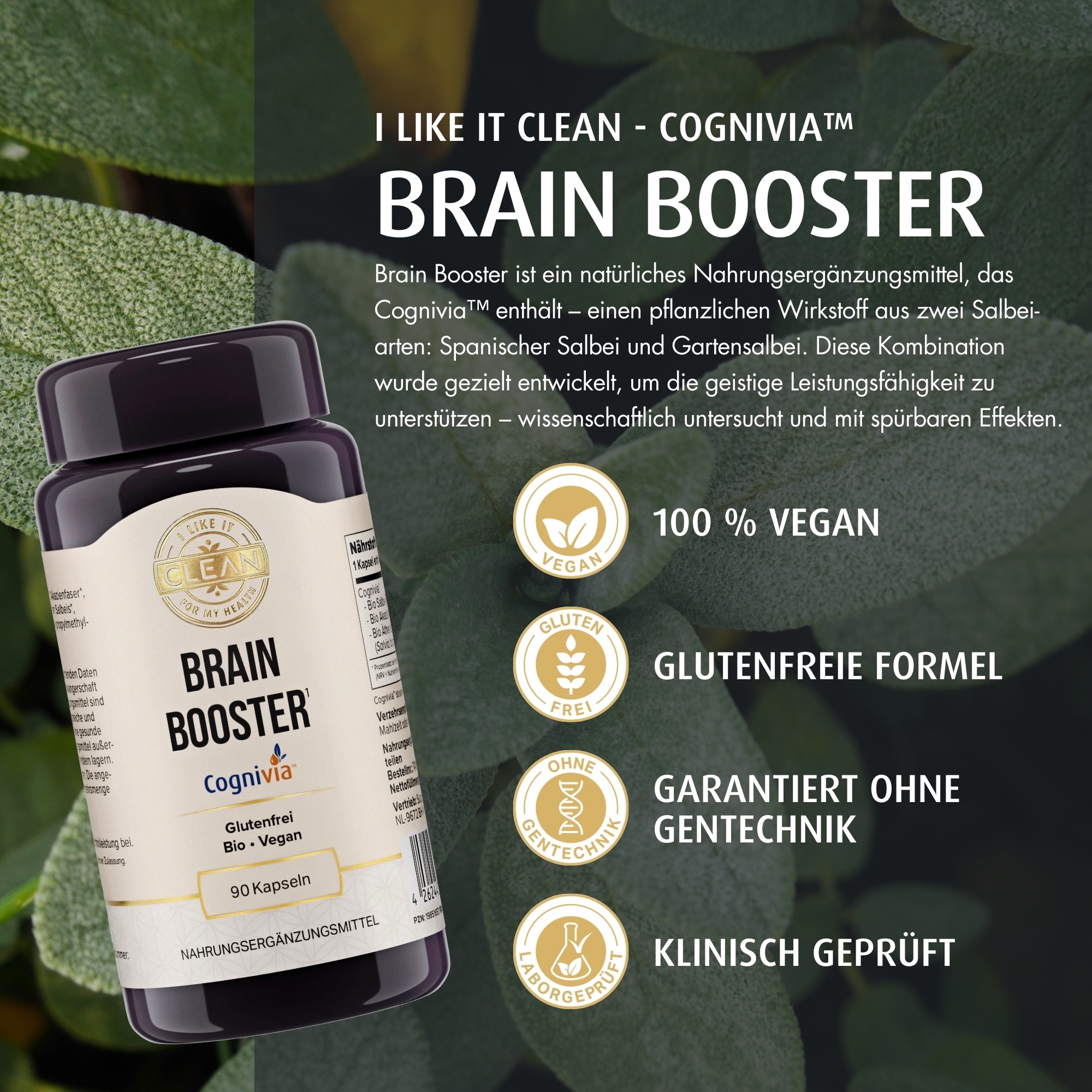 Produktfoto: Das Bild zeigt zwei Pillenflaschen nebeneinander. Die linke Flasche ist dunkel und hat ein Etikett mit der Aufschrift “Brain Booster“ und mehreren Vorteilen wie “koffeinfrei“, “natürlich“ und “spürbare Wirkung ab der 1. Kapsel“. Die rechte Flasche ist weiß und unbeschriftet, mit negativen Punkten wie “nicht klinisch getestet“ und “oft mit Koffein“. Der Hintergrund ist zweifarbig, links beige und rechts weiß.