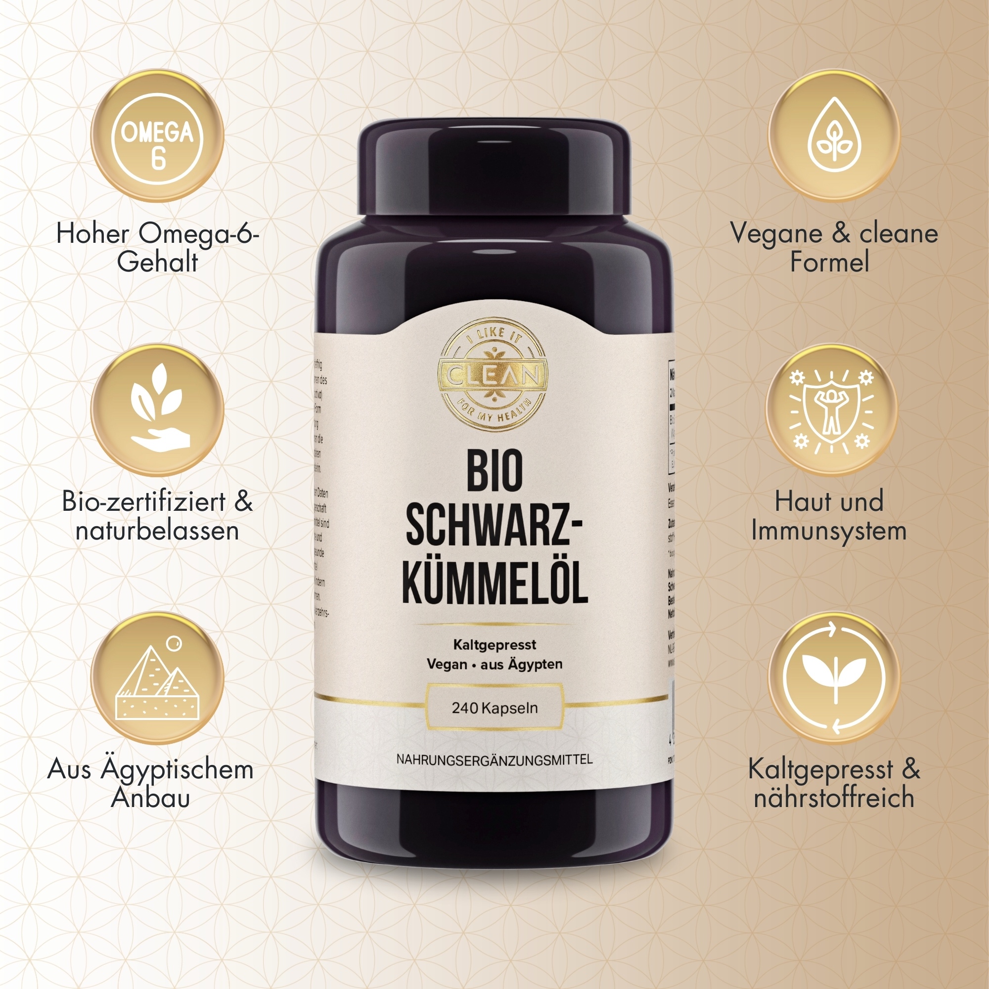 Produktfoto: Das Bild zeigt eine Flasche mit der Aufschrift 'Bio Schwarzkümmelöl'. Die Flasche ist dunkel und hat ein beiges Etikett. Auf dem Etikett steht 'Kaltgepresst', 'Vegan', 'aus Ägypten' und '240 Kapseln'. Oben ist ein Logo mit der Aufschrift 'Clean'.