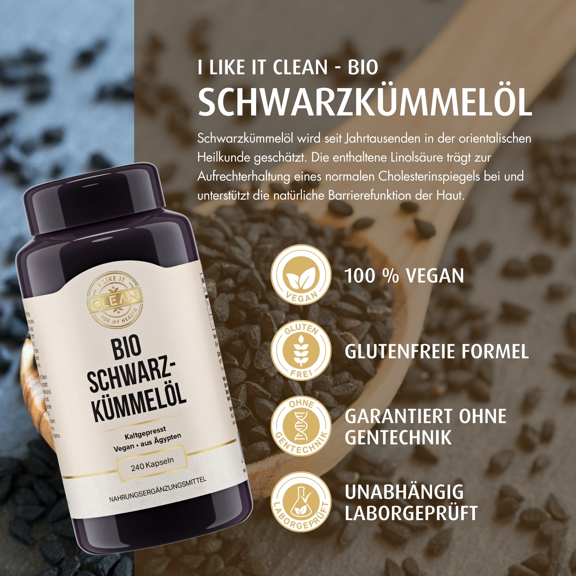 Produktfoto: Das Bild zeigt eine Flasche mit der Aufschrift 'Bio Schwarzkümmelöl'. Die Flasche ist dunkel und hat ein beiges Etikett. Auf dem Etikett steht 'Kaltgepresst', 'Vegan', 'aus Ägypten' und '240 Kapseln'. Oben ist ein Logo mit der Aufschrift 'Clean'.