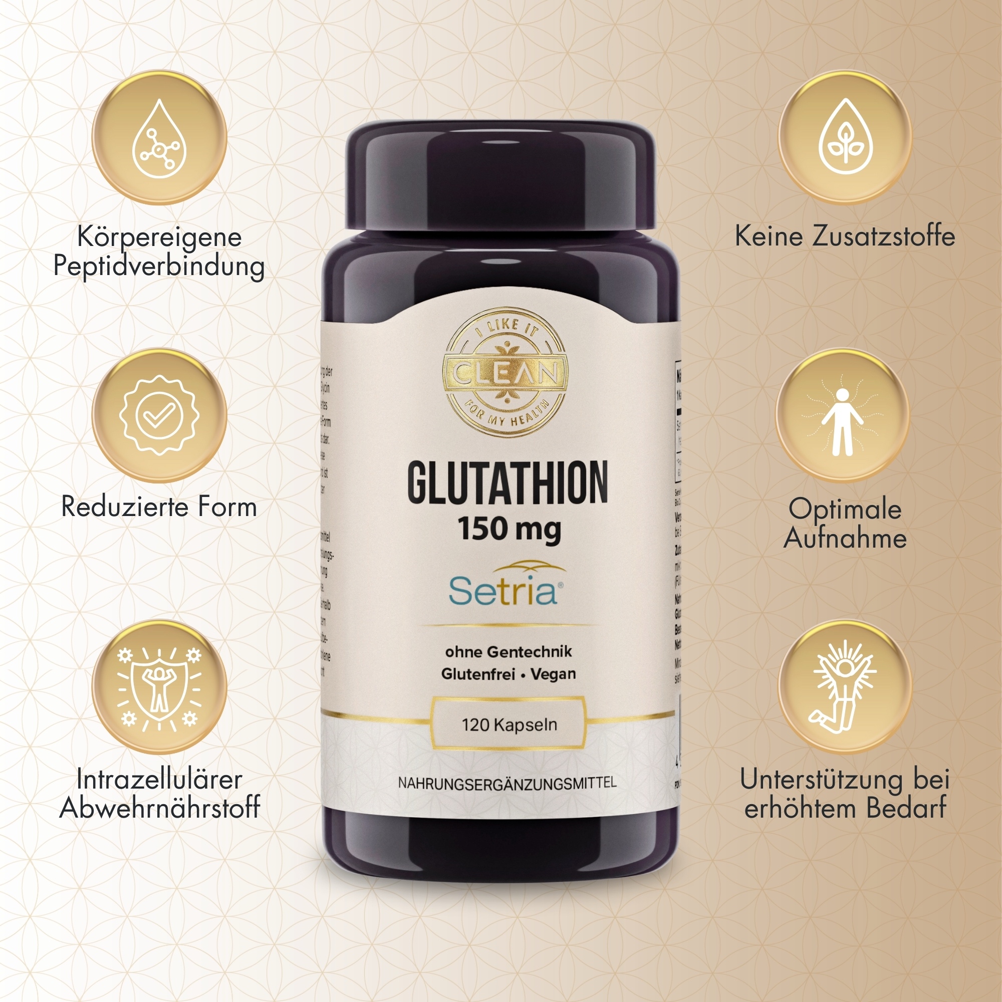 Produktfoto: Eine braune Plastikdose mit der Aufschrift 'Glutathion 150 mg, Setria, ohne Gentechnik, Glutenfrei, Vegan, 120 Kapseln'. Das Etikett zeigt auch 'Nahrungsergänzungsmittel'.