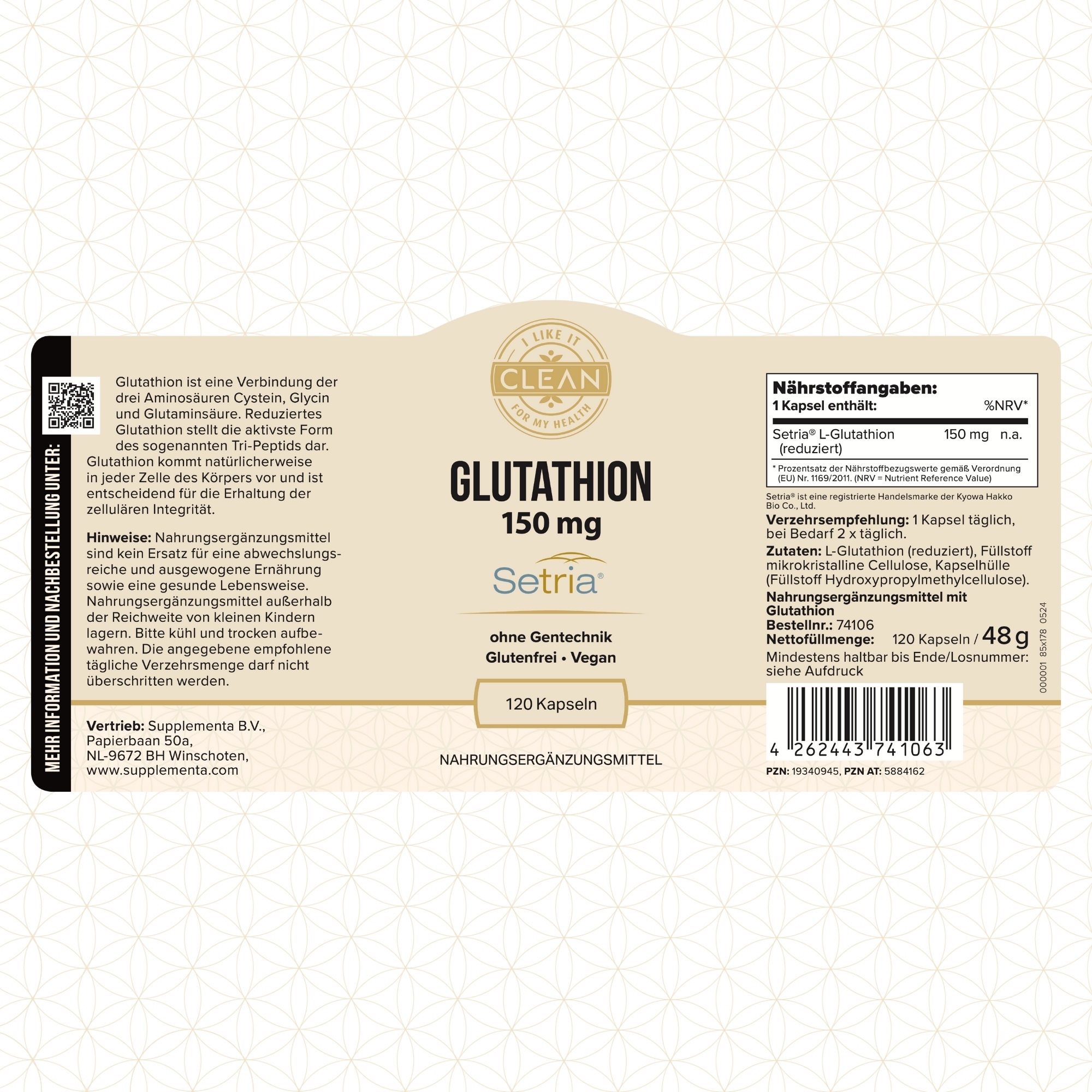 Produktfoto: Eine braune Plastikdose mit der Aufschrift 'Glutathion 150 mg, Setria, ohne Gentechnik, Glutenfrei, Vegan, 120 Kapseln'. Das Etikett zeigt auch 'Nahrungsergänzungsmittel'.