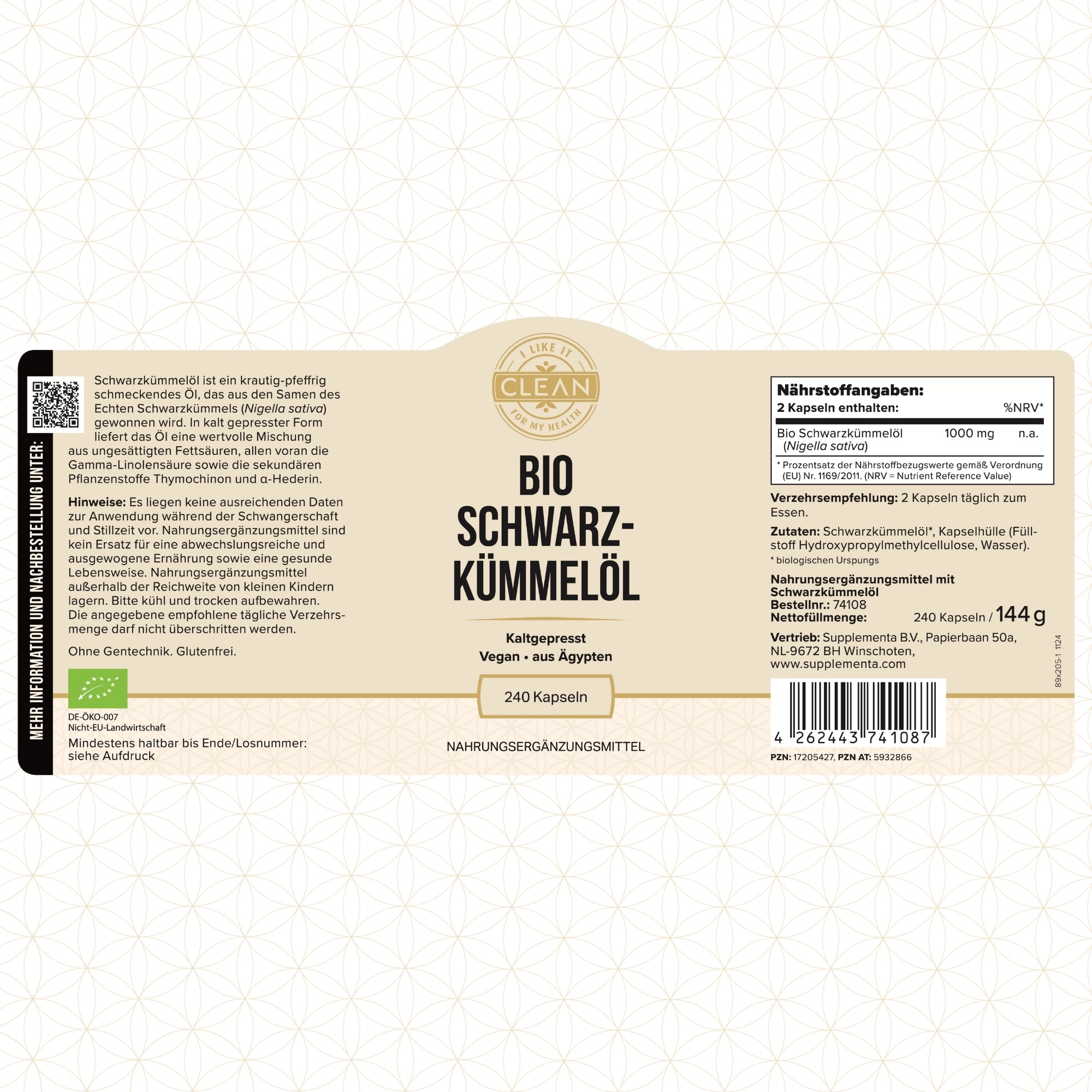 Produktfoto: Das Bild zeigt eine Flasche mit der Aufschrift 'Bio Schwarzkümmelöl'. Die Flasche ist dunkel und hat ein beiges Etikett. Auf dem Etikett steht 'Kaltgepresst', 'Vegan', 'aus Ägypten' und '240 Kapseln'. Oben ist ein Logo mit der Aufschrift 'Clean'.
