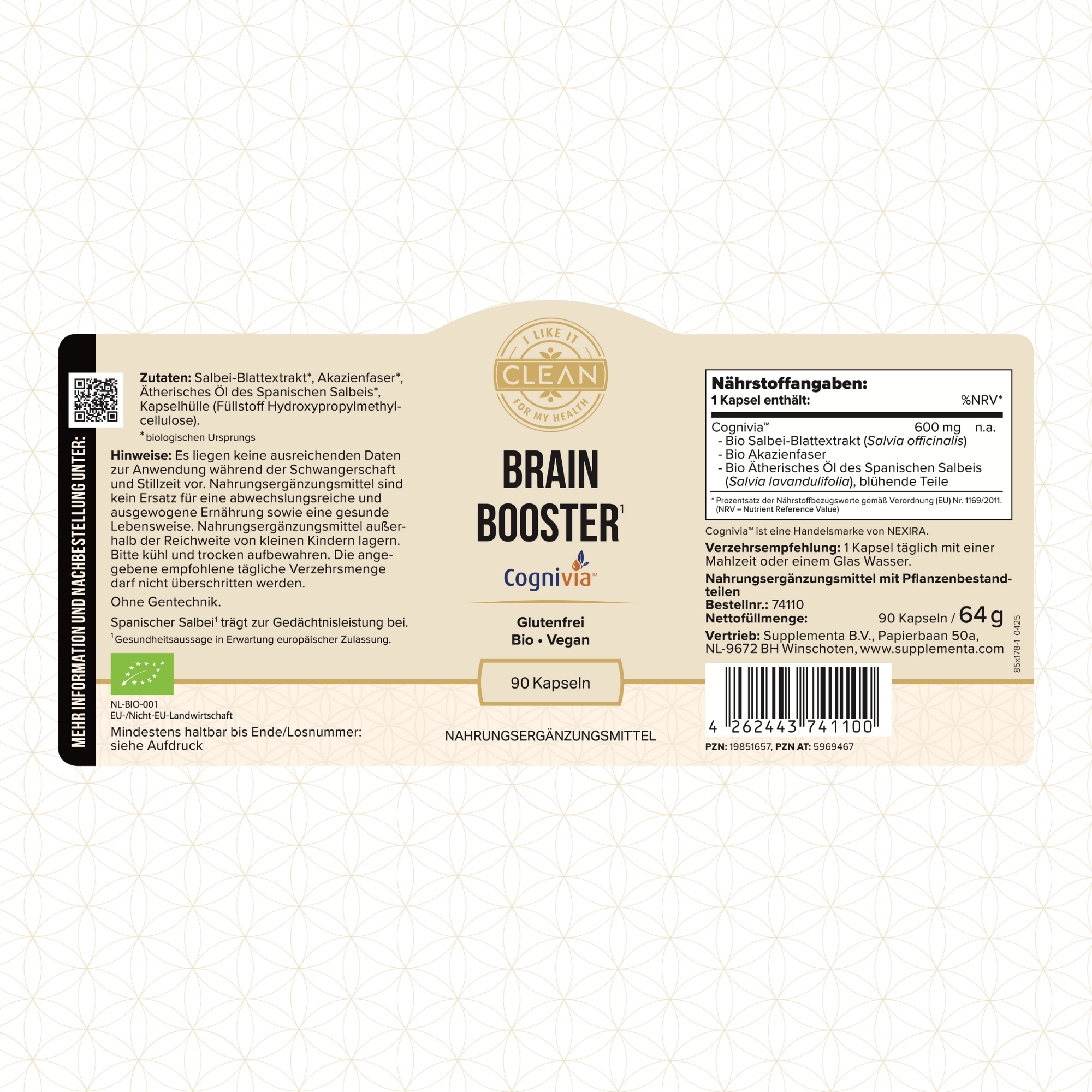 Produktfoto: Das Bild zeigt zwei Pillenflaschen nebeneinander. Die linke Flasche ist dunkel und hat ein Etikett mit der Aufschrift “Brain Booster“ und mehreren Vorteilen wie “koffeinfrei“, “natürlich“ und “spürbare Wirkung ab der 1. Kapsel“. Die rechte Flasche ist weiß und unbeschriftet, mit negativen Punkten wie “nicht klinisch getestet“ und “oft mit Koffein“. Der Hintergrund ist zweifarbig, links beige und rechts weiß.