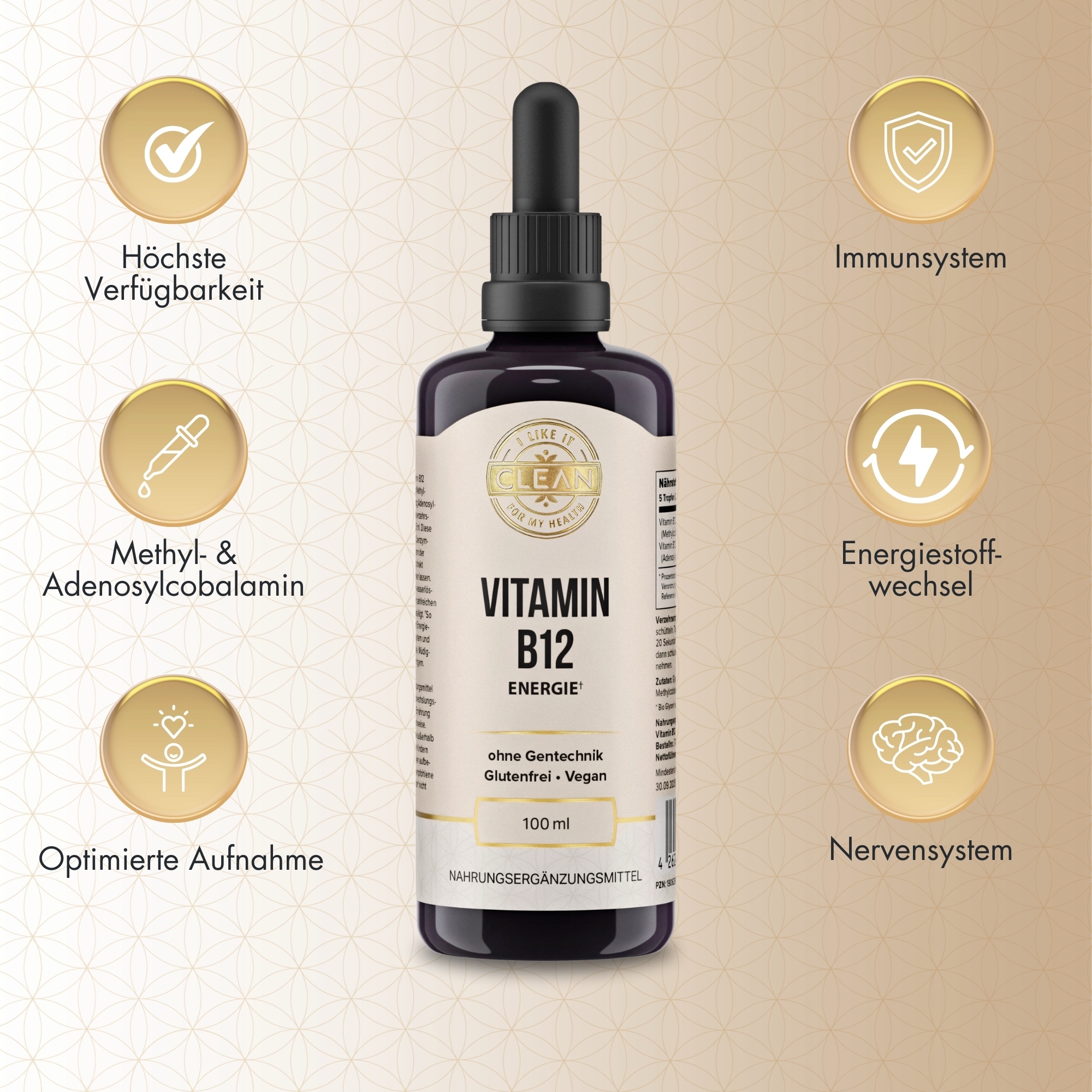 Produktfoto: Das Bild zeigt eine Flasche mit Vitamin B12 Tropfen der Marke “Clean“. Die Flasche ist dunkelviolett mit einem beigen Etikett. Daneben liegt eine Pipette mit roter Flüssigkeit. Auf dem Etikett steht “Vitamin B12 Energie“, “ohne Gentechnik“, “Glutenfrei“, “Vegan“ und “100 ml“. Die Flasche ist als Nahrungsergänzungsmittel gekennzeichnet.