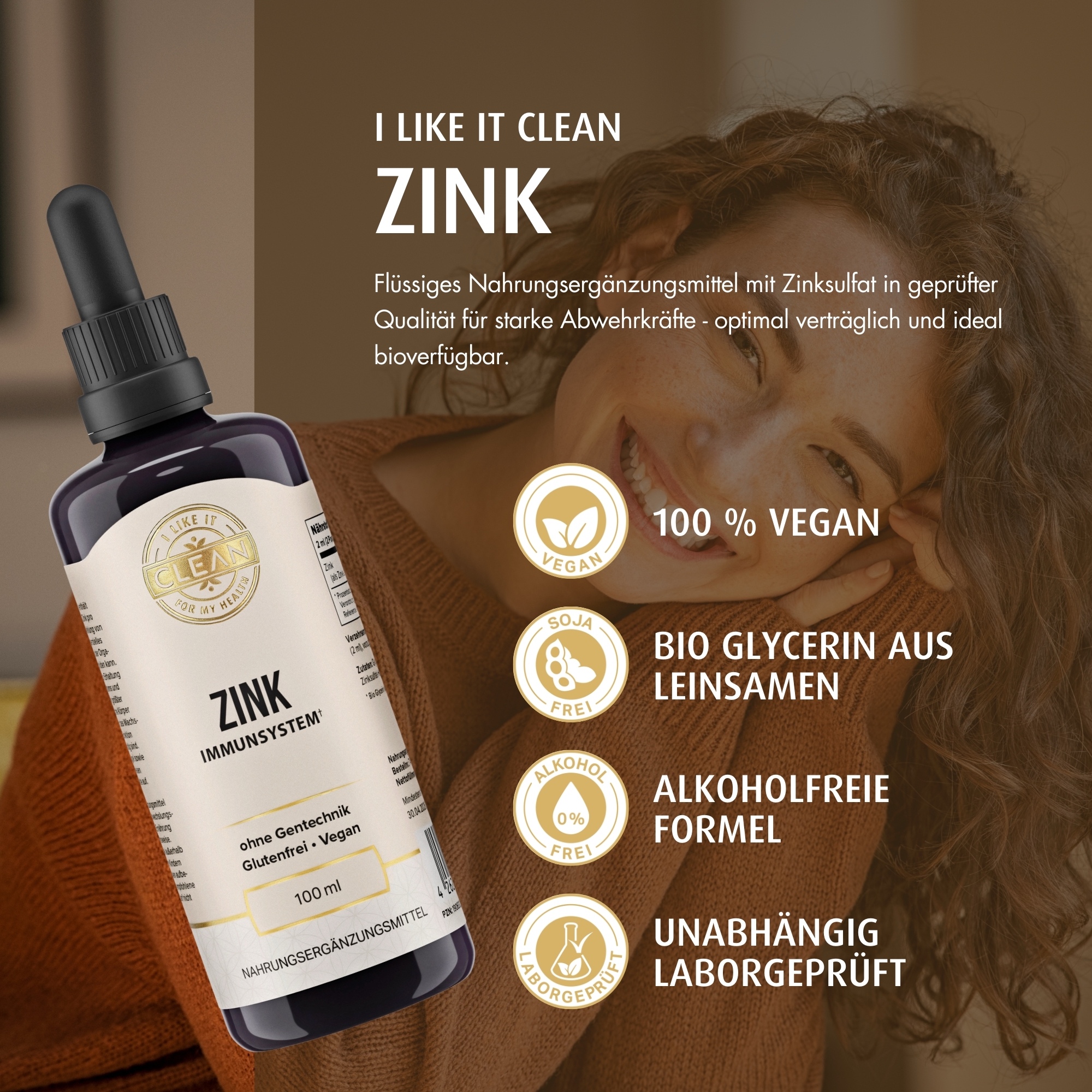 Produktfoto: Eine dunkle Flasche mit der Aufschrift 'Zink Immunsystem', daneben eine Pipette. Die Flasche ist 100 ml groß, glutenfrei, vegan und ohne Gentechnik. Es handelt sich um ein Nahrungsergänzungsmittel, das das Immunsystem unterstützen soll. Die Marke ist 'Clean'.