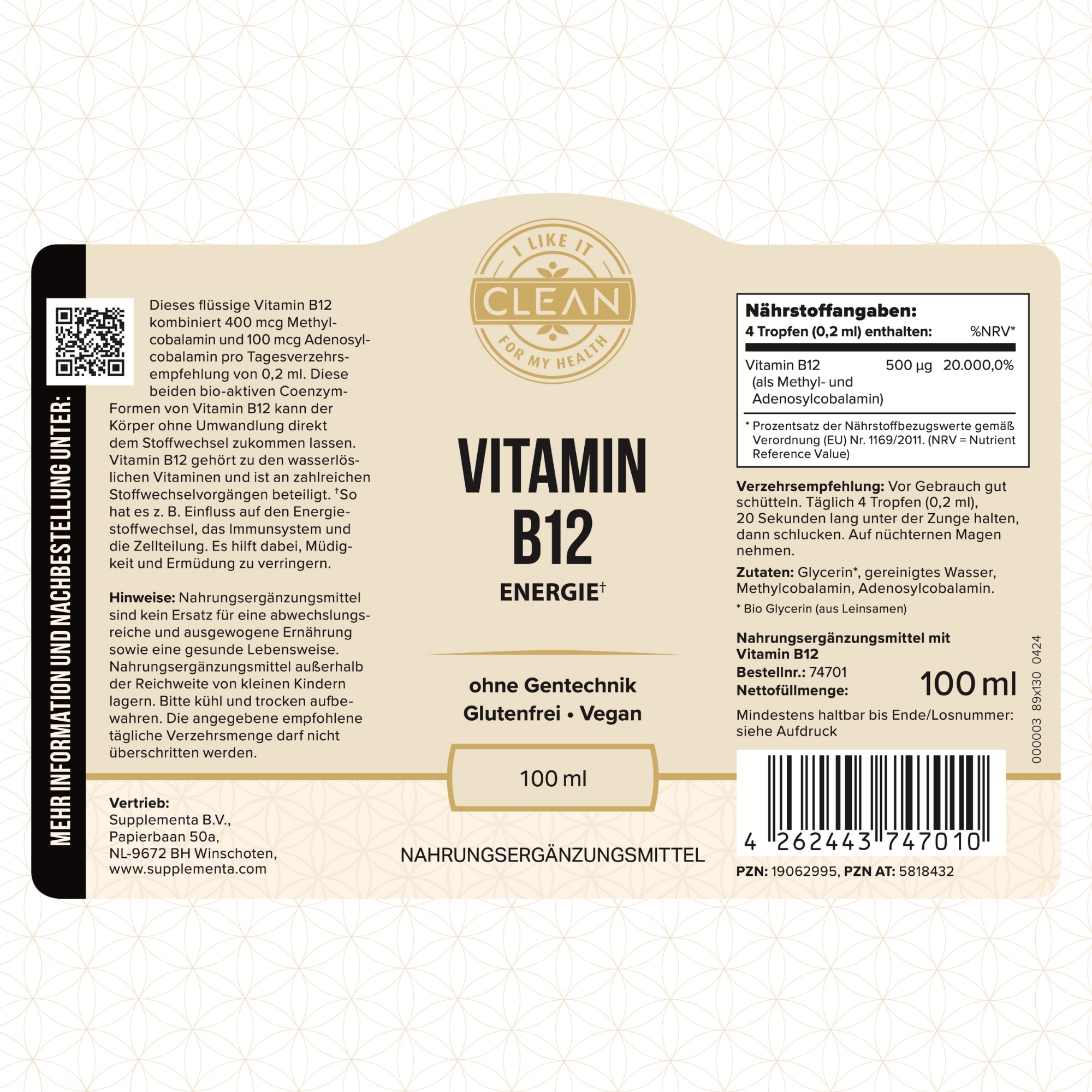 Produktfoto: Das Bild zeigt eine Flasche mit Vitamin B12 Tropfen der Marke “Clean“. Die Flasche ist dunkelviolett mit einem beigen Etikett. Daneben liegt eine Pipette mit roter Flüssigkeit. Auf dem Etikett steht “Vitamin B12 Energie“, “ohne Gentechnik“, “Glutenfrei“, “Vegan“ und “100 ml“. Die Flasche ist als Nahrungsergänzungsmittel gekennzeichnet.