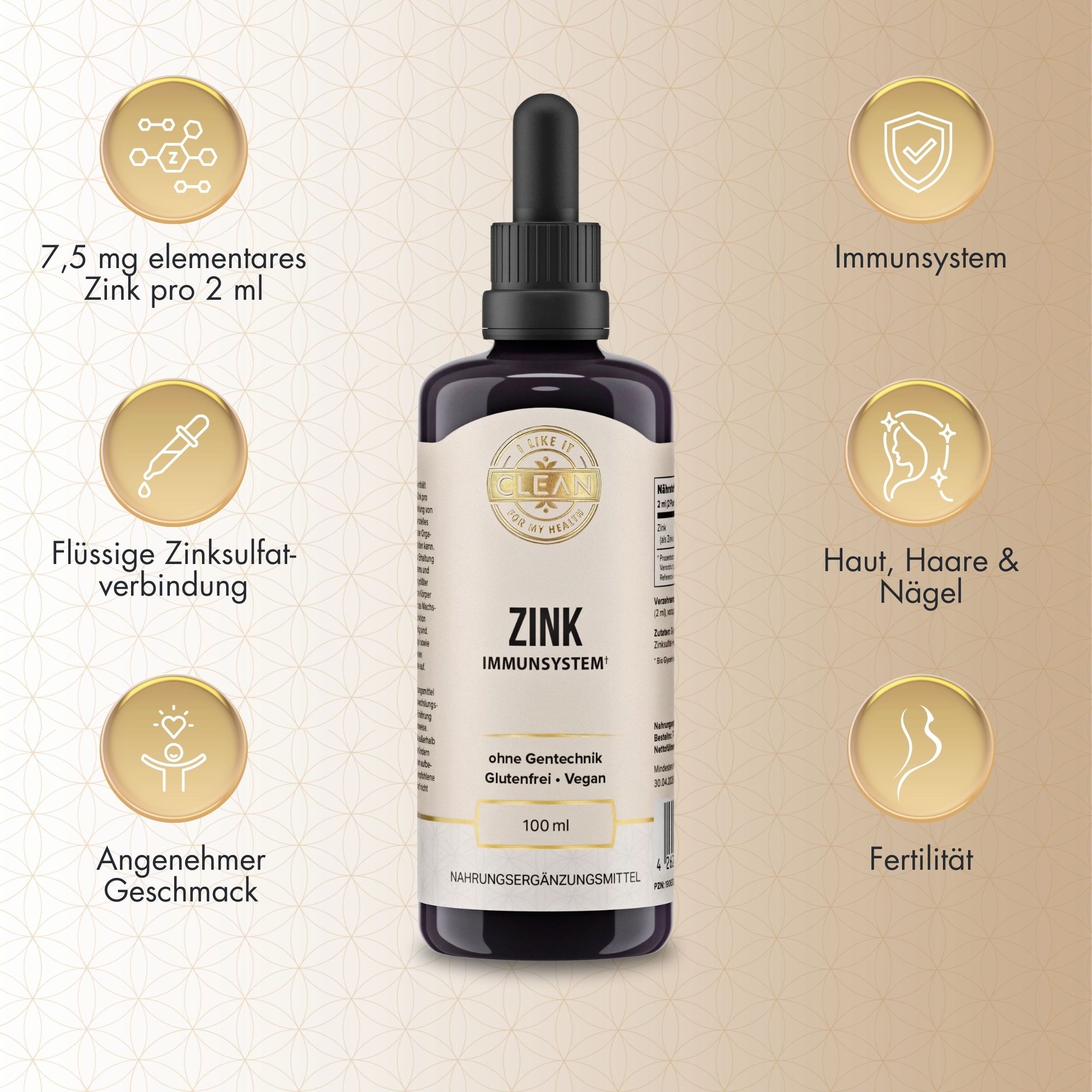 Produktfoto: Eine dunkle Flasche mit der Aufschrift 'Zink Immunsystem', daneben eine Pipette. Die Flasche ist 100 ml groß, glutenfrei, vegan und ohne Gentechnik. Es handelt sich um ein Nahrungsergänzungsmittel, das das Immunsystem unterstützen soll. Die Marke ist 'Clean'.