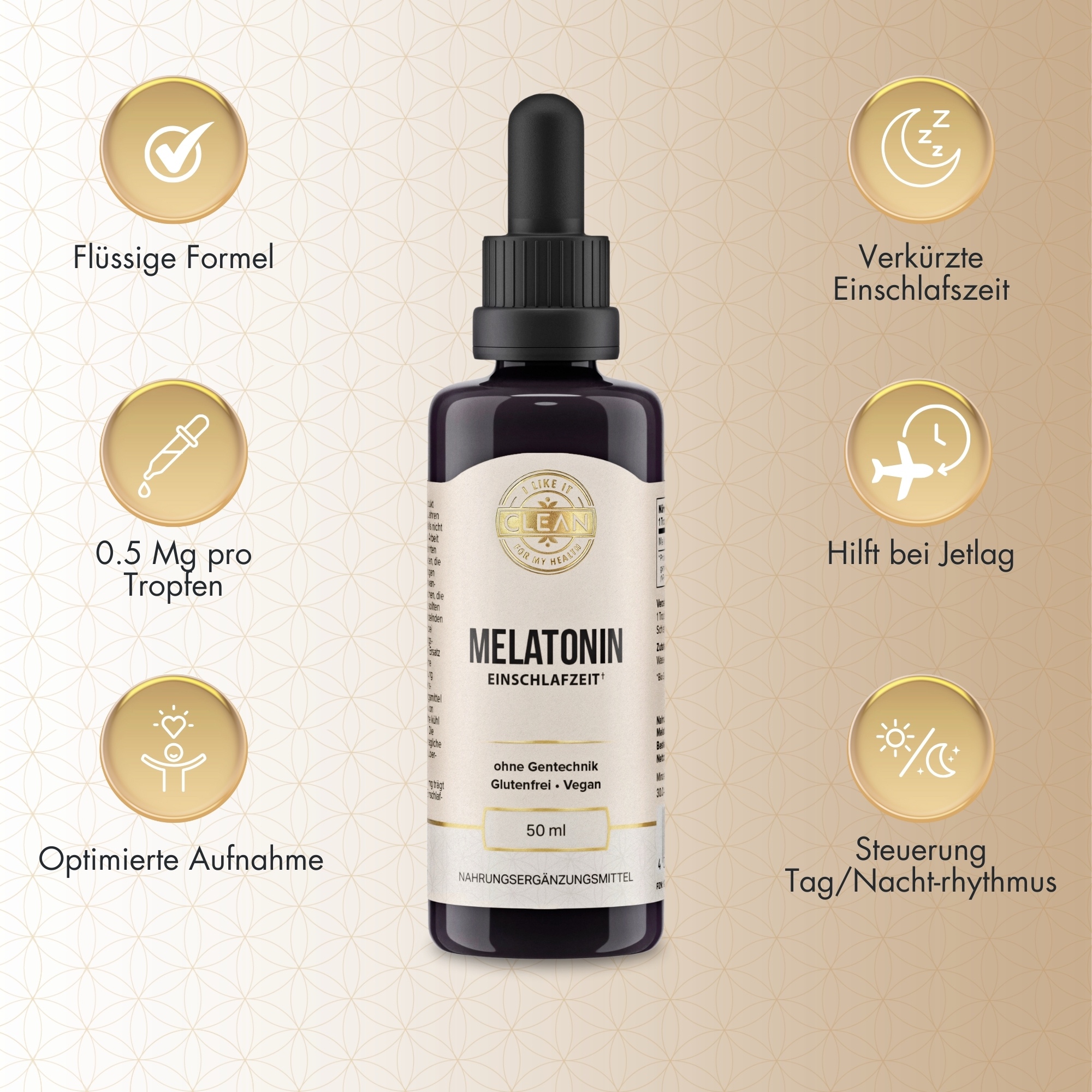 Produktfoto: Eine dunkelviolette Flasche mit einem Etikett, das “Clean“ und “Melatonin Einschlafzeit“ zeigt. Die Flasche hat einen schwarzen Schraubverschluss und eine Pipette daneben. Das Etikett informiert über gentechnikfreie, glutenfreie und vegane Inhaltsstoffe. Die Flasche enthält 50 ml Nahrungsergänzungsmittel.