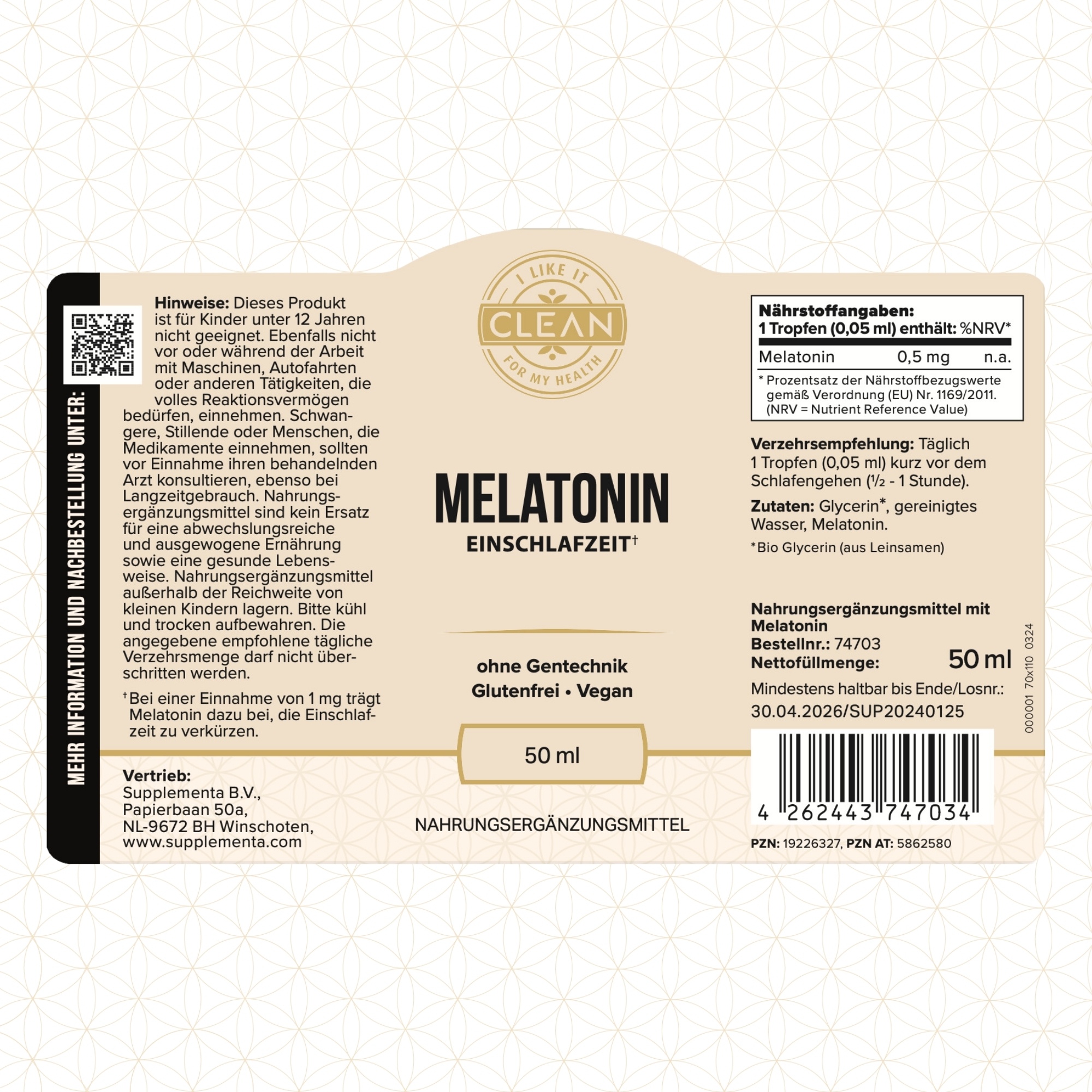 Produktfoto: Eine dunkelviolette Flasche mit einem Etikett, das “Clean“ und “Melatonin Einschlafzeit“ zeigt. Die Flasche hat einen schwarzen Schraubverschluss und eine Pipette daneben. Das Etikett informiert über gentechnikfreie, glutenfreie und vegane Inhaltsstoffe. Die Flasche enthält 50 ml Nahrungsergänzungsmittel.