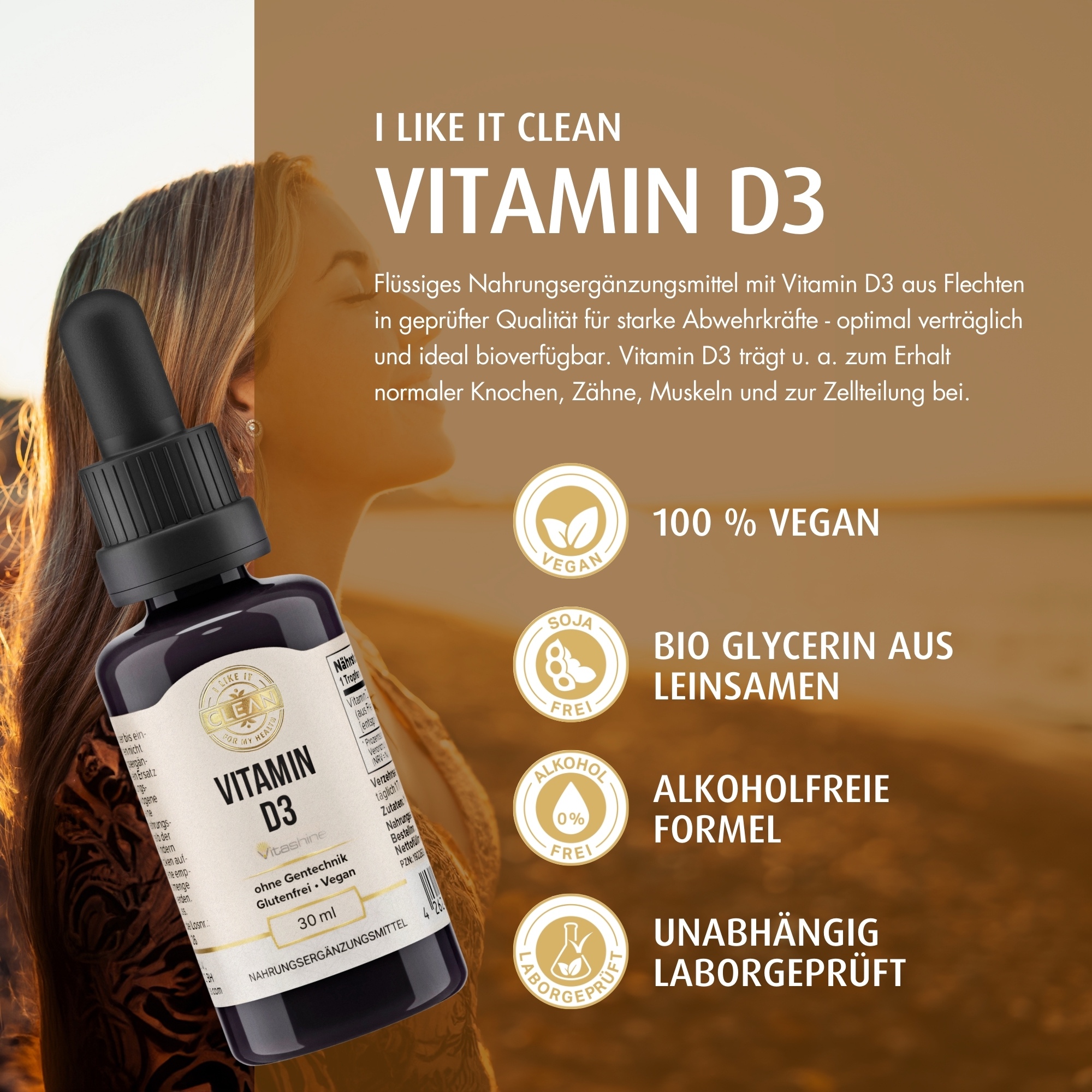 Produktfoto: Das Bild zeigt eine Flasche Vitamin D3 Nahrungsergänzungsmittel mit einer Pipette. Die Flasche ist dunkel und hat ein Etikett mit der Aufschrift 'Vitamin D3', 'ohne Gentechnik', 'Glutenfrei', 'Vegan' und '30 ml'. Die Pipette liegt neben der Flasche.